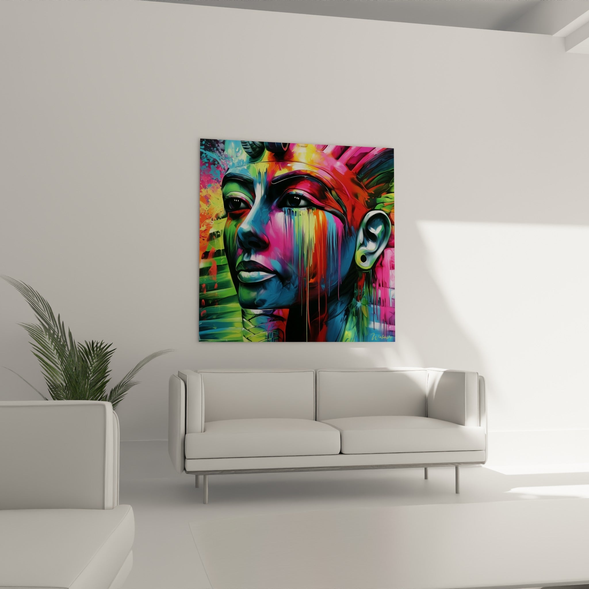 Coiffe rouge et coulures vertes du portrait égyptien surplombant un canapé dans un salon lumineux