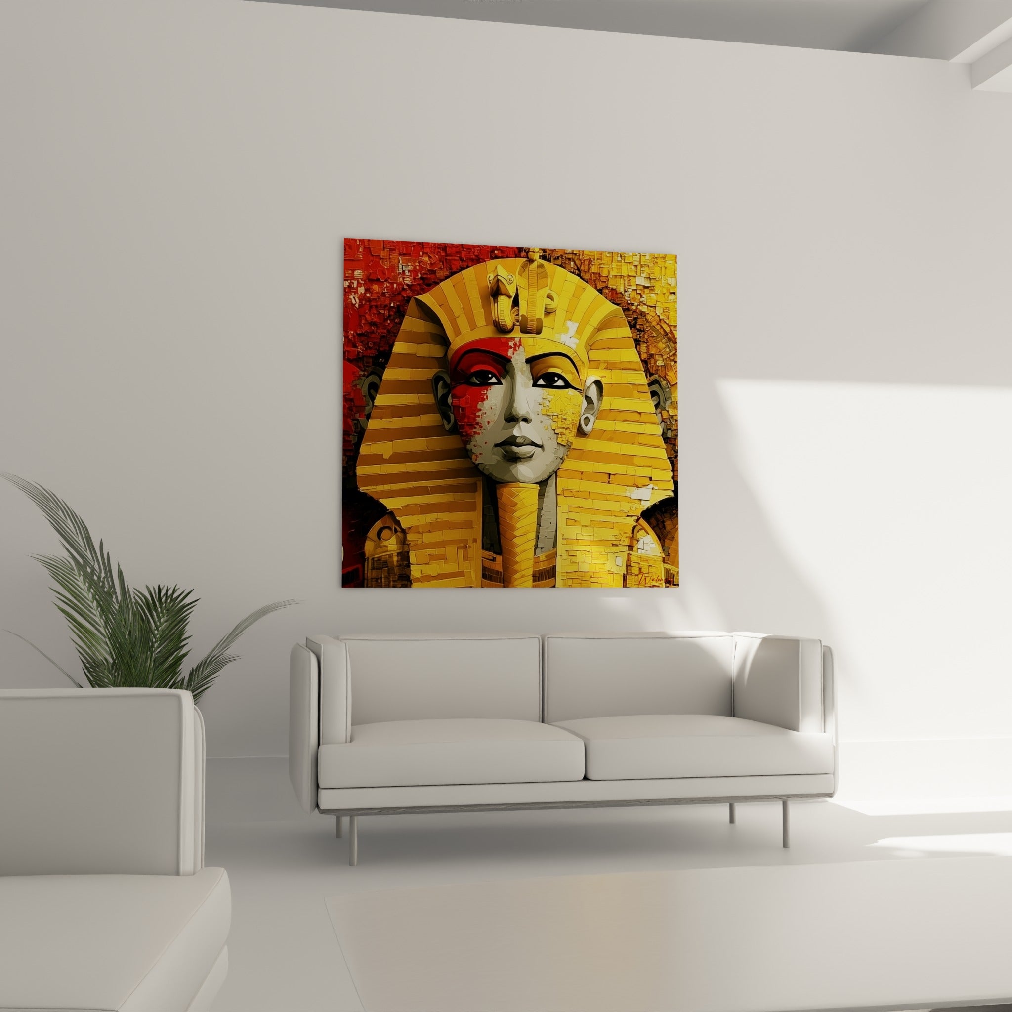 Coiffe royale dorée et rouge d'un pharaon égyptien au-dessus d'un canapé dans un salon lumineux