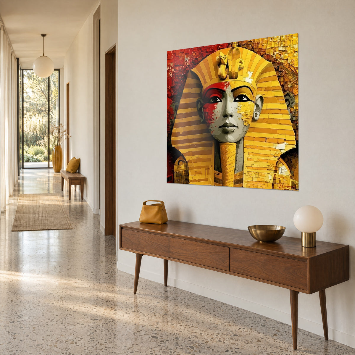 Schilderij Egyptisch grafmasker in mozaïek van oker- en karmijntinten, zwarte blik omlijnd met kohl, aan een lichte gangmuur