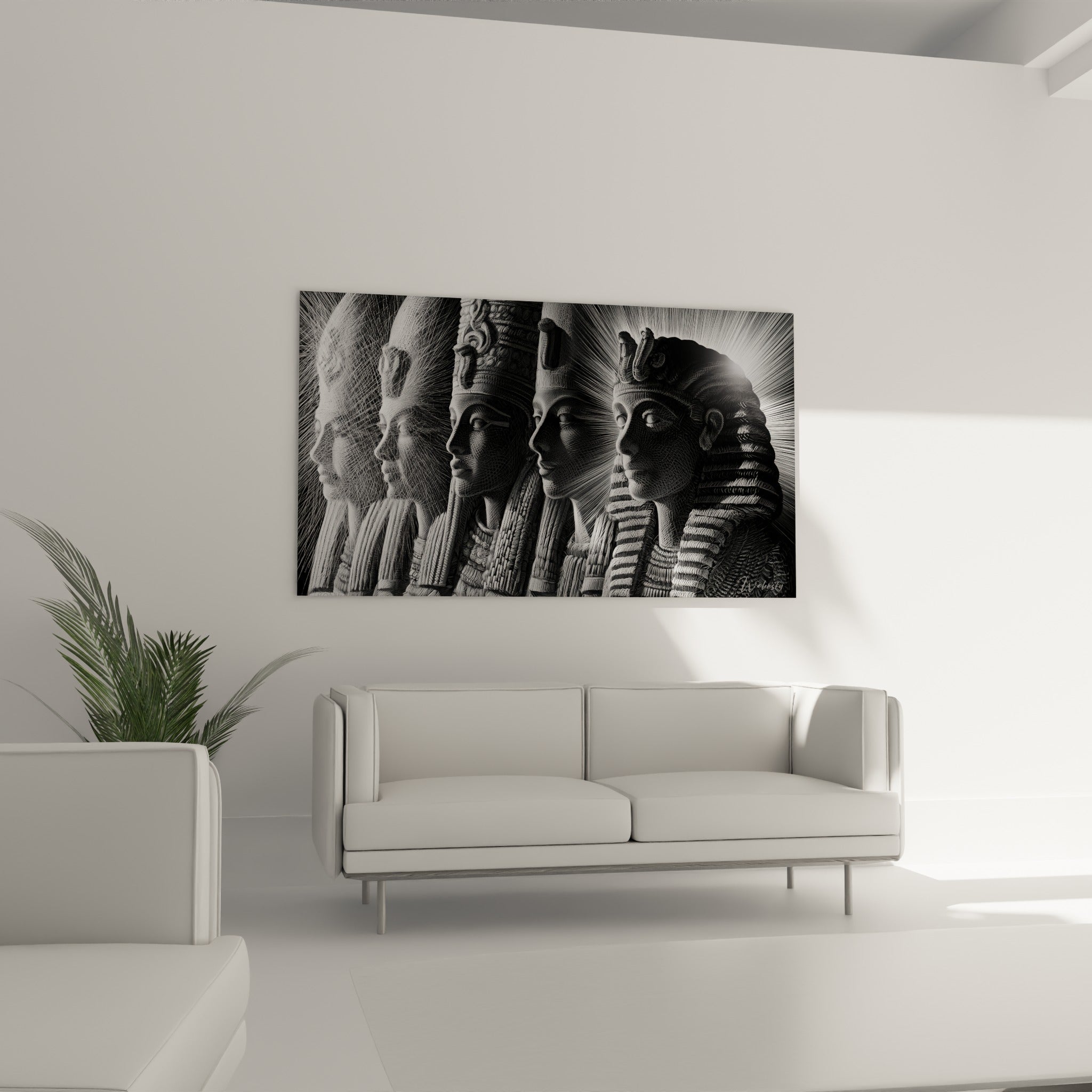 Coiffes royales égyptiennes en nuances de gris, œuvre placée au-dessus d'un canapé dans un salon lumineux
