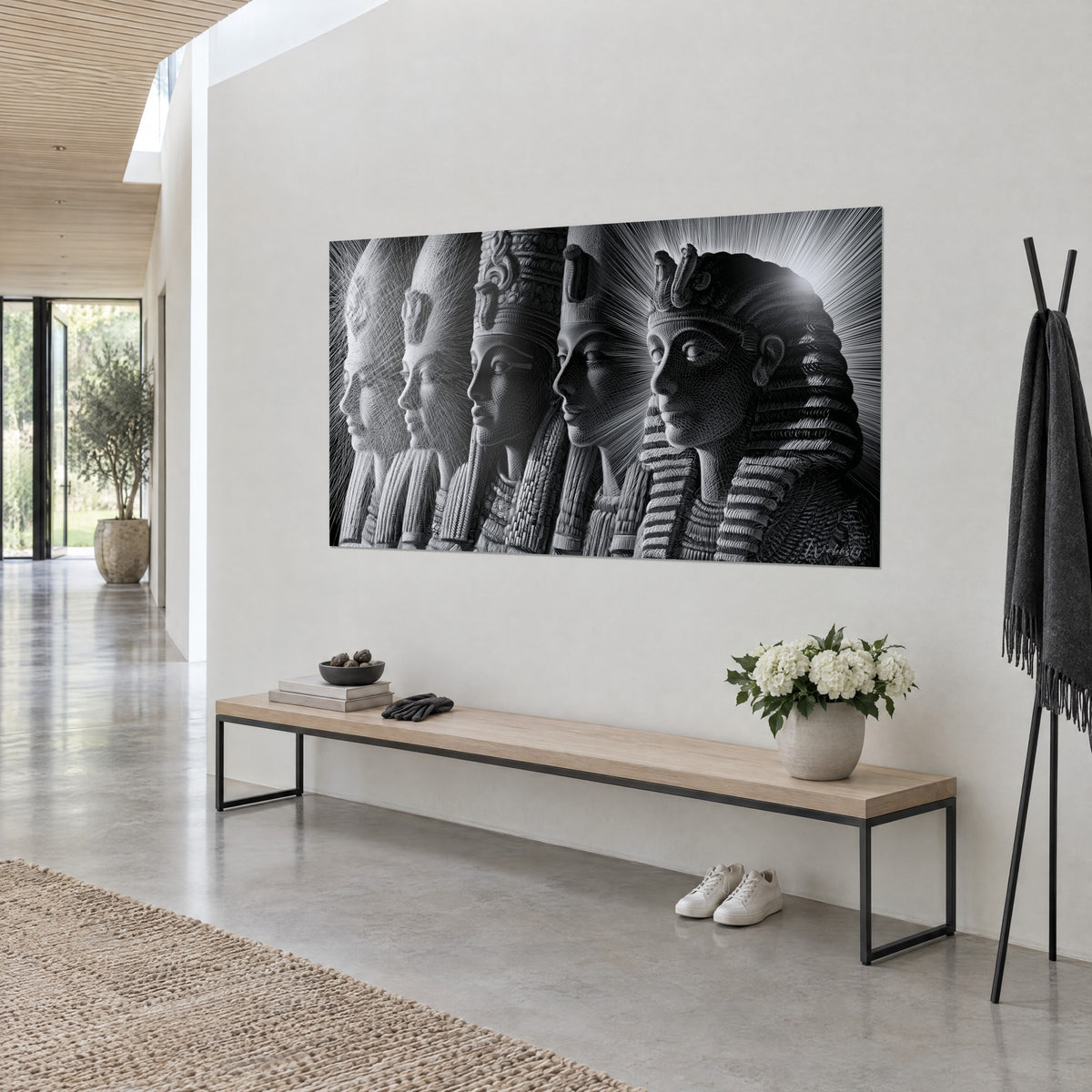Schilderij lijn van gebeeldhouwde Egyptische heersers, zwart en zilver, gestreepte nemes-hoofddoeken, witte muur in driekwartzicht
