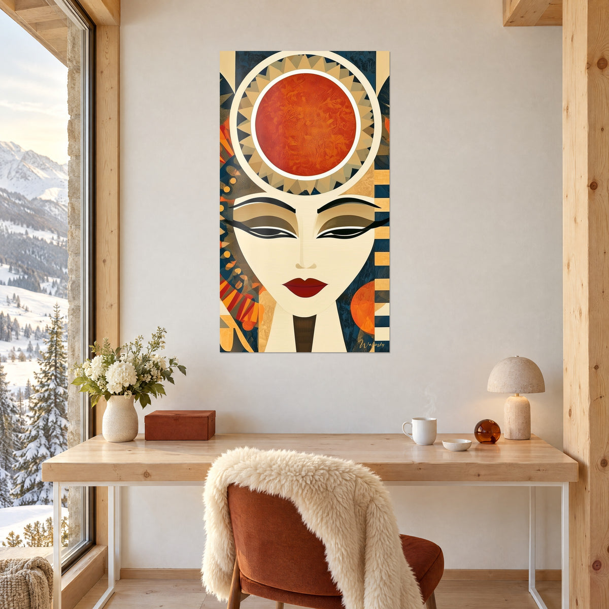 Schilderij Egyptisch icoon met gesloten blik, koperkleurige zonnekroon en gouden banen op nachtblauw, boven een bureau van licht hout
