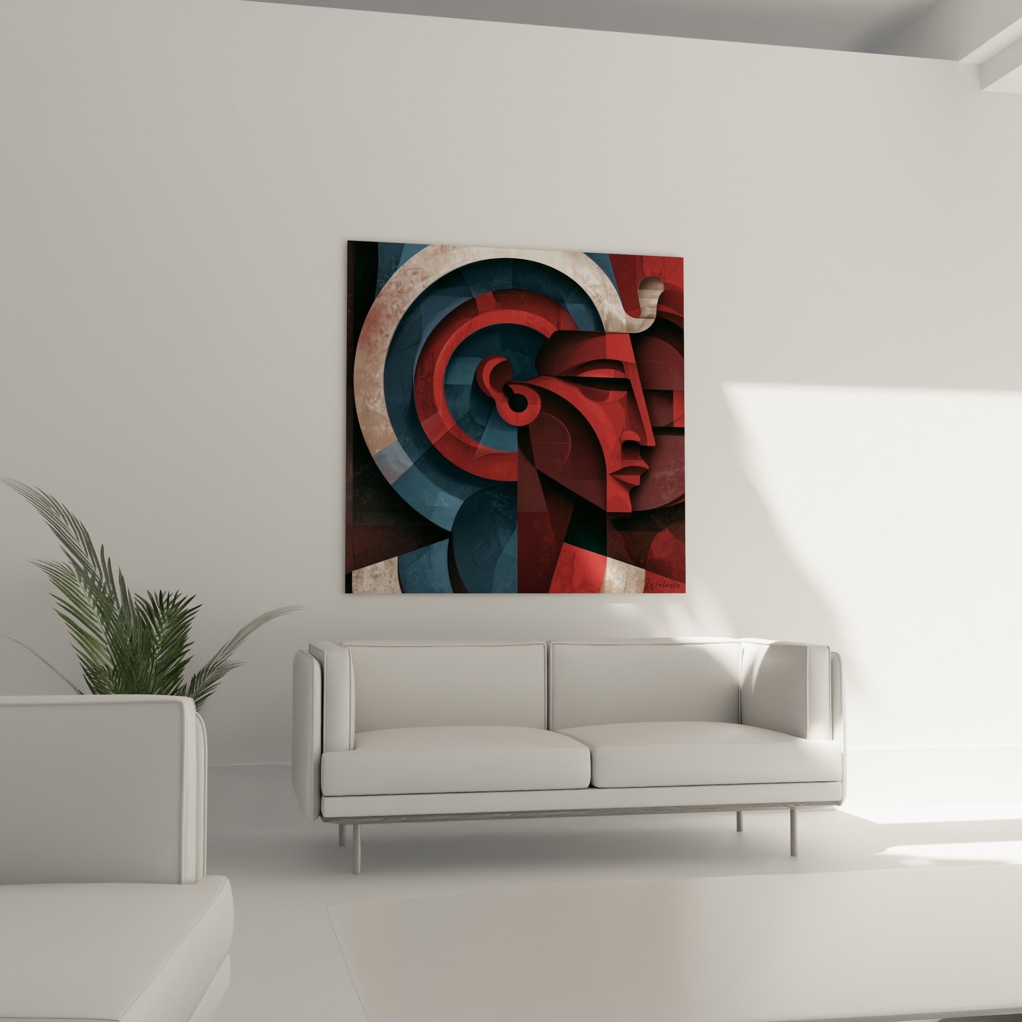 Visage stylisé aux tons rouge et bleu profond suspendu au-dessus d'un canapé dans un salon lumineux
