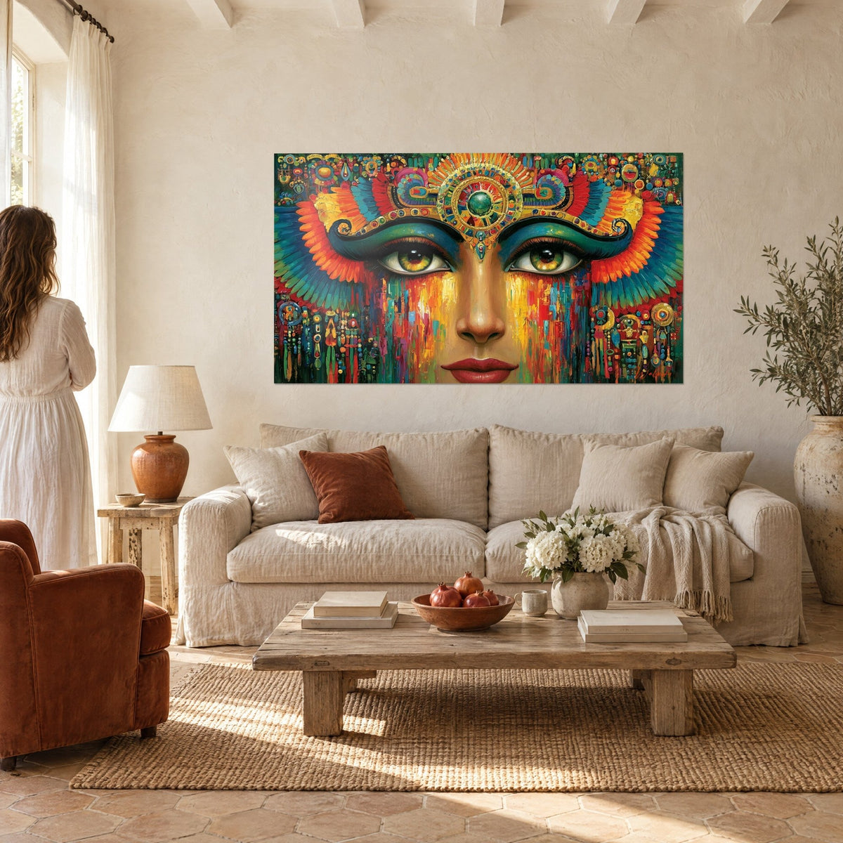 Cuadro rostro egipcio de ojos verde esmeralda, alas naranjas y turquesas, diadema dorada, mujer de espaldas sobre un sofá en un salón luminoso