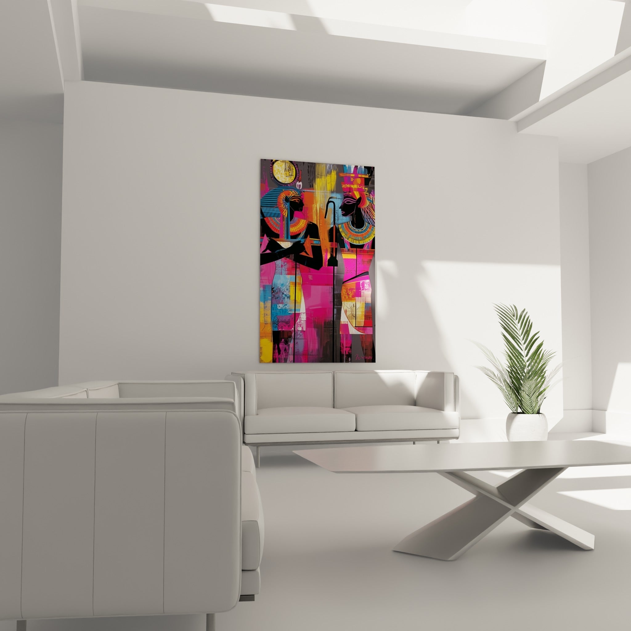 Scène égyptienne magenta et turquoise au-dessus d'un canapé dans un salon lumineux, silhouettes noires ornées