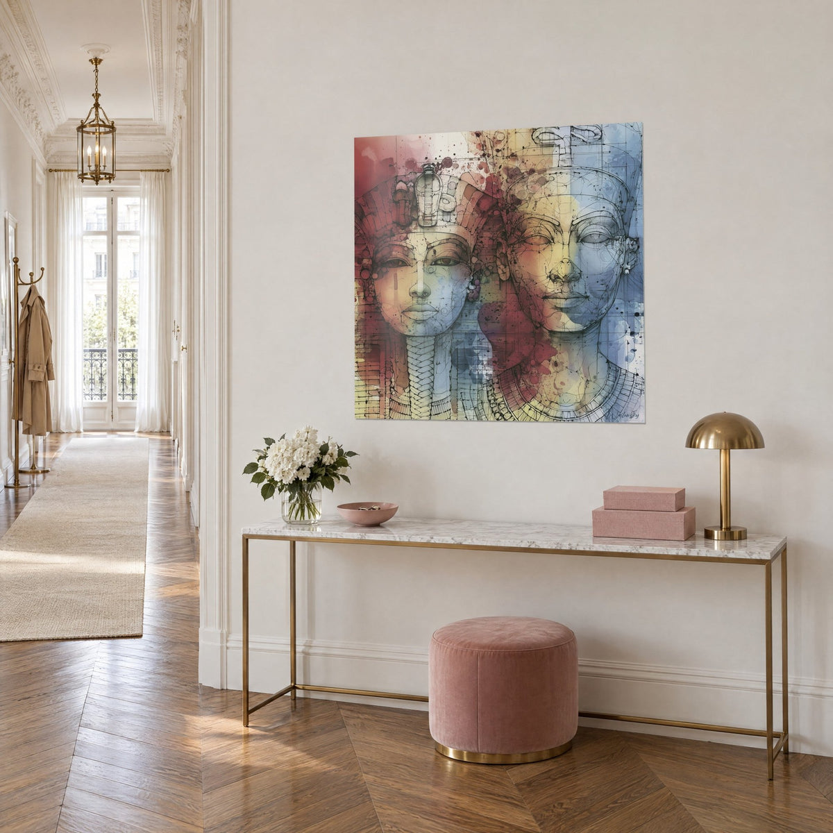 Quadro di profili reali egizi abbozzati a inchiostro, guance giallo ocra e azzurro cielo, schizzi rossi, su un muro di corridoio in stile haussmanniano