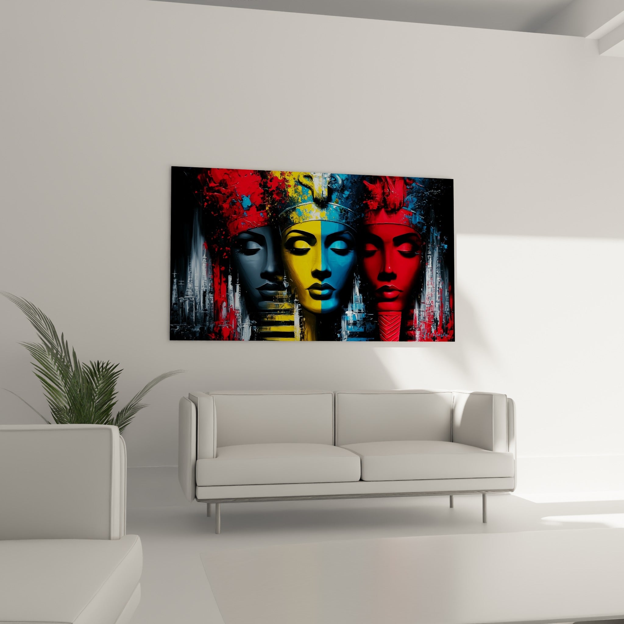 Coiffes royales dorées et yeux clos des pharaons suspendus au-dessus d'un canapé dans un salon lumineux
