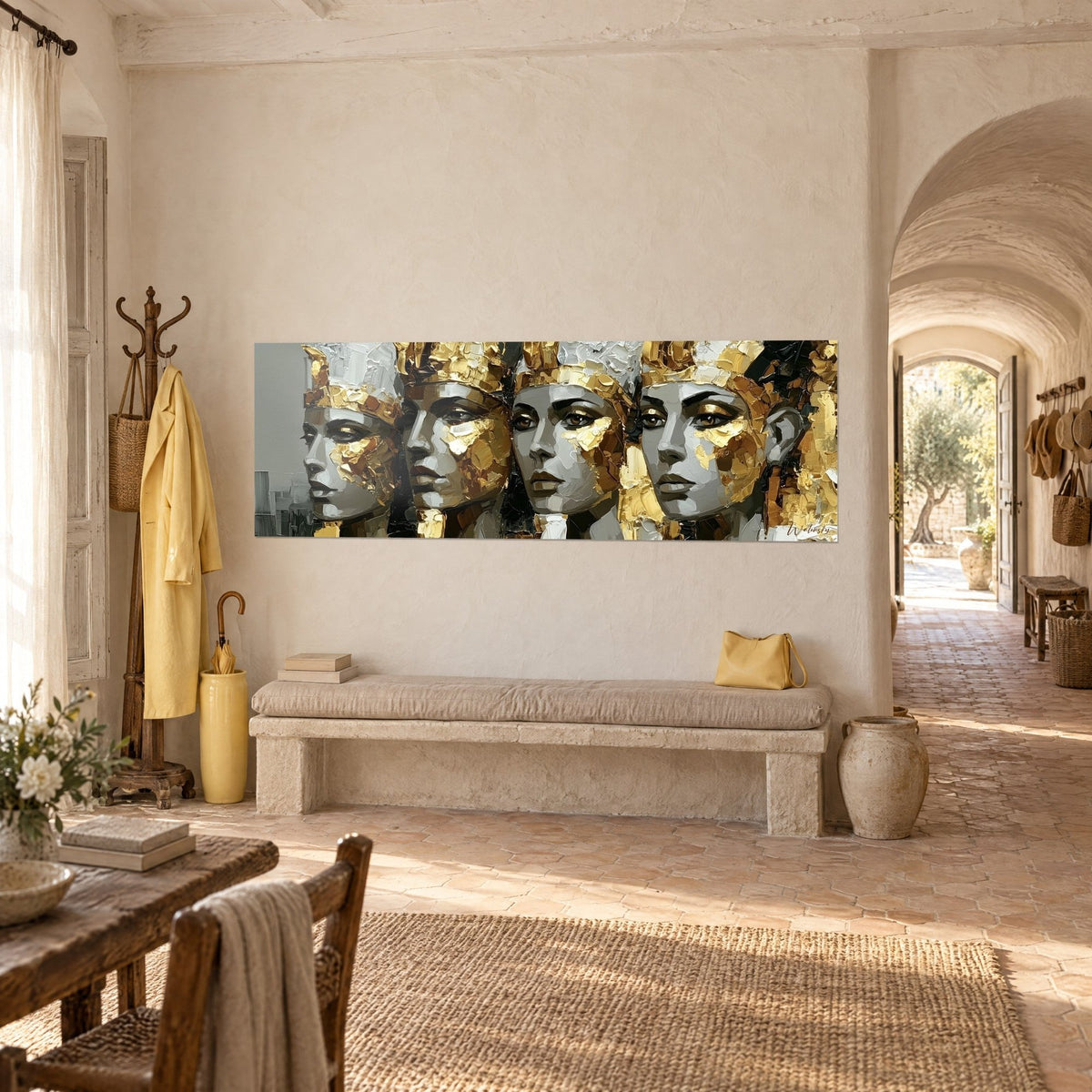 Wall art pharaonic guardians with steel-grey faces, dazzling gold-leaf headdresses, at the end of a vaulted farmhouse corridor