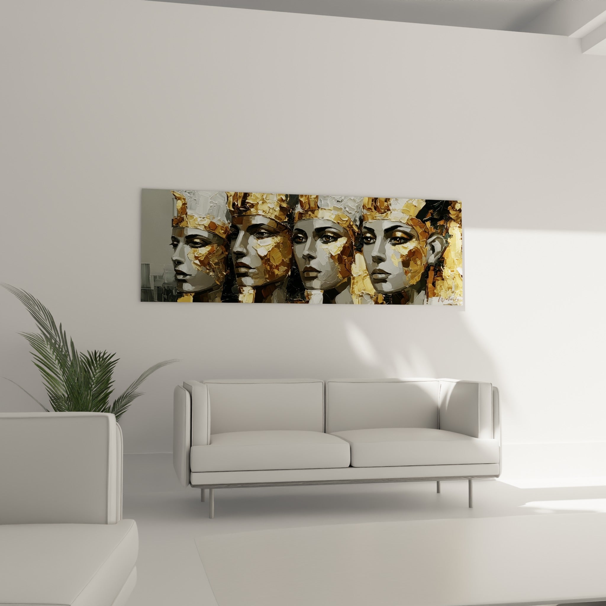 Visages égypte à coiffe dorée et regard sombre s'affichent au-dessus d'un canapé dans un salon lumineux