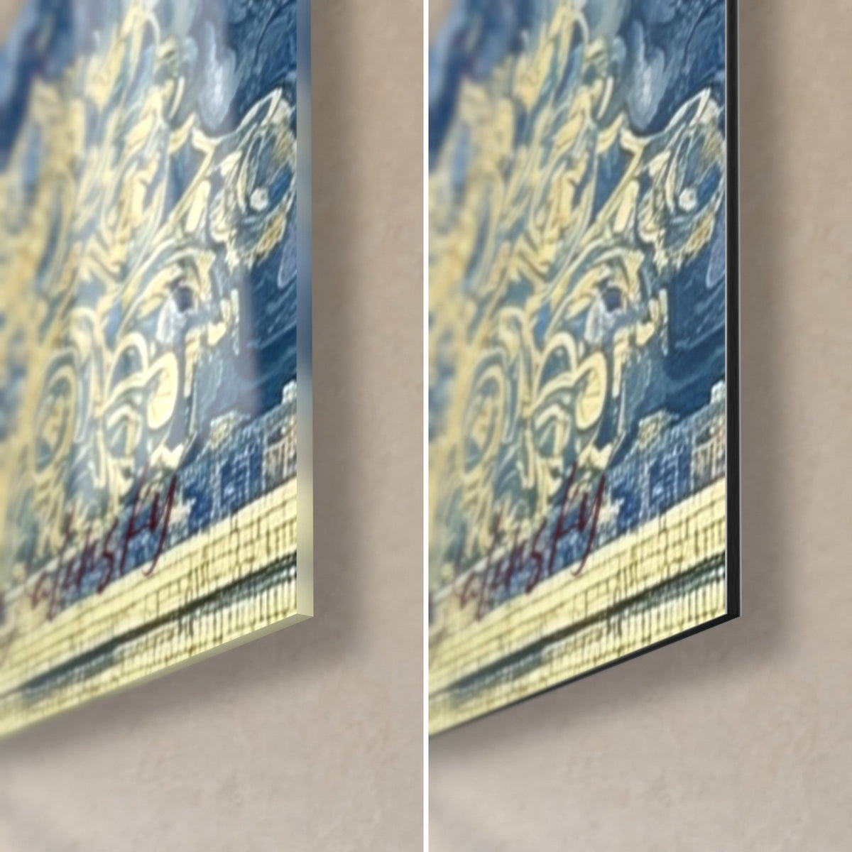 Wall art of an Egyptian sovereign in gold and blue, bottom right corner: glossy acrylic glass on the left, matte Dibond aluminium on the right, 3 mm edge