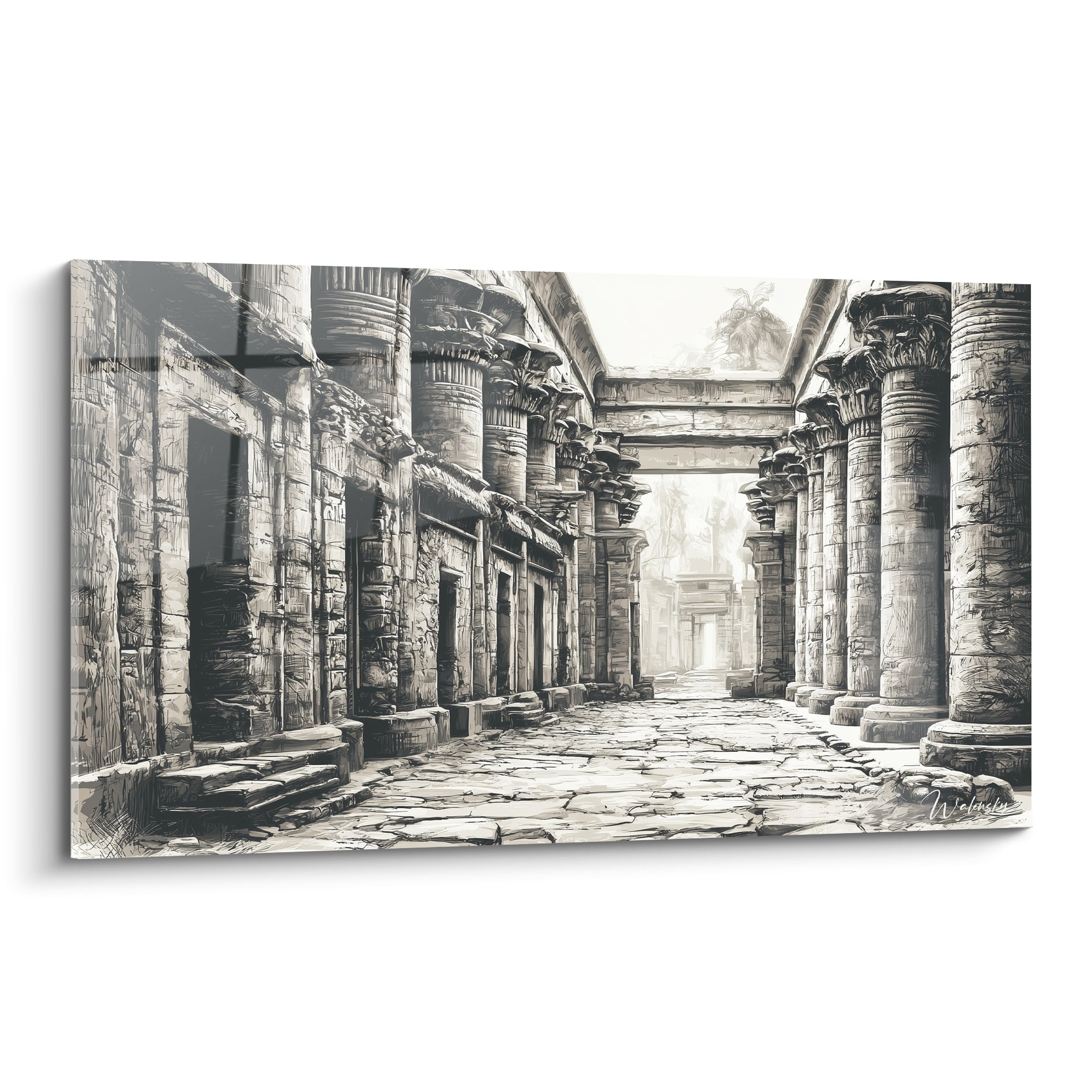 Colonnade égyptienne en gris et sable, chapiteaux sculptés et allée dallée craquelée