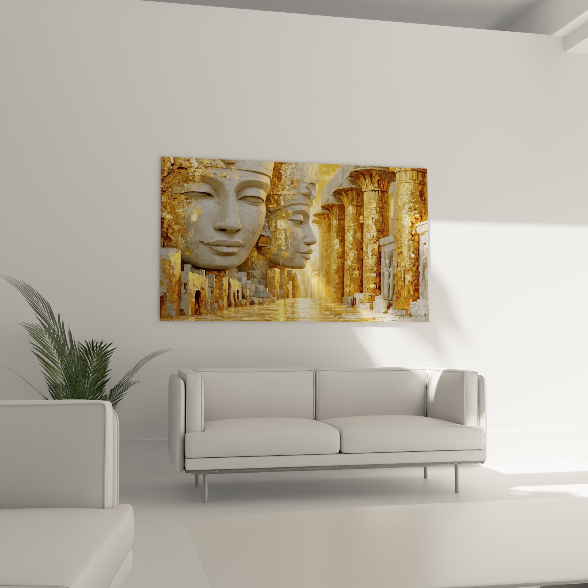 Sculptures pharaoniques ocre et dorées sur une toile au-dessus d'un canapé dans un salon lumineux