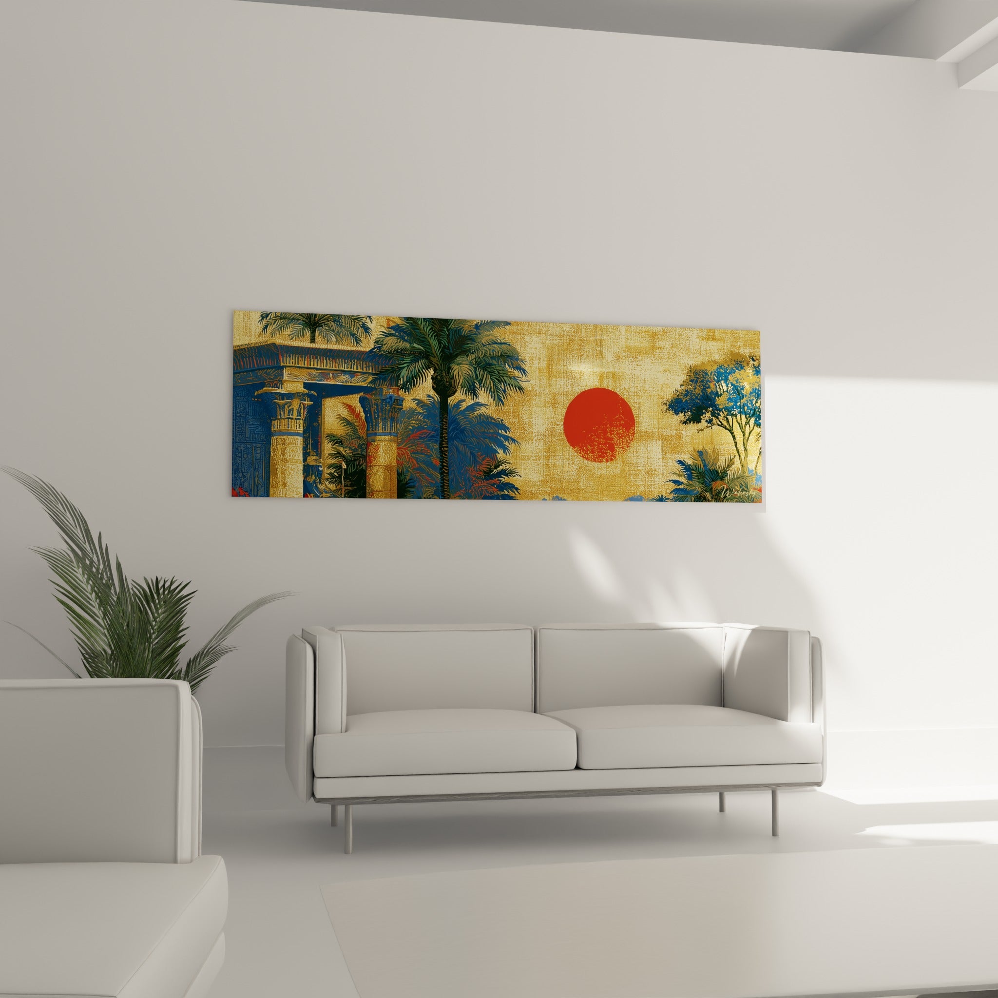 Colonnes dorées et fond ocre du tableau égypte au-dessus d'un canapé dans un salon lumineux