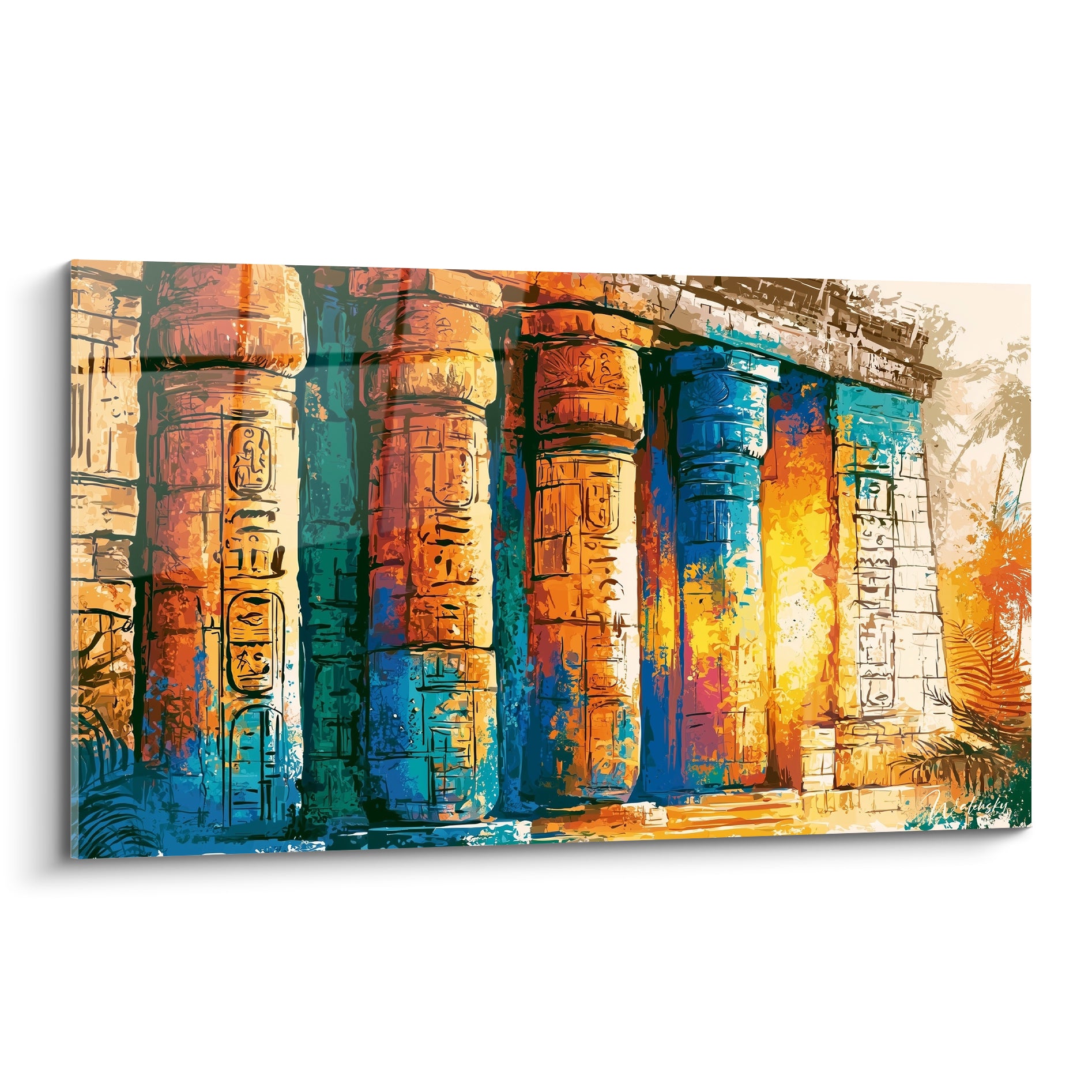 Colonnes de temple égyptien ocre et bleu turquoise gravées de hiéroglyphes dorés