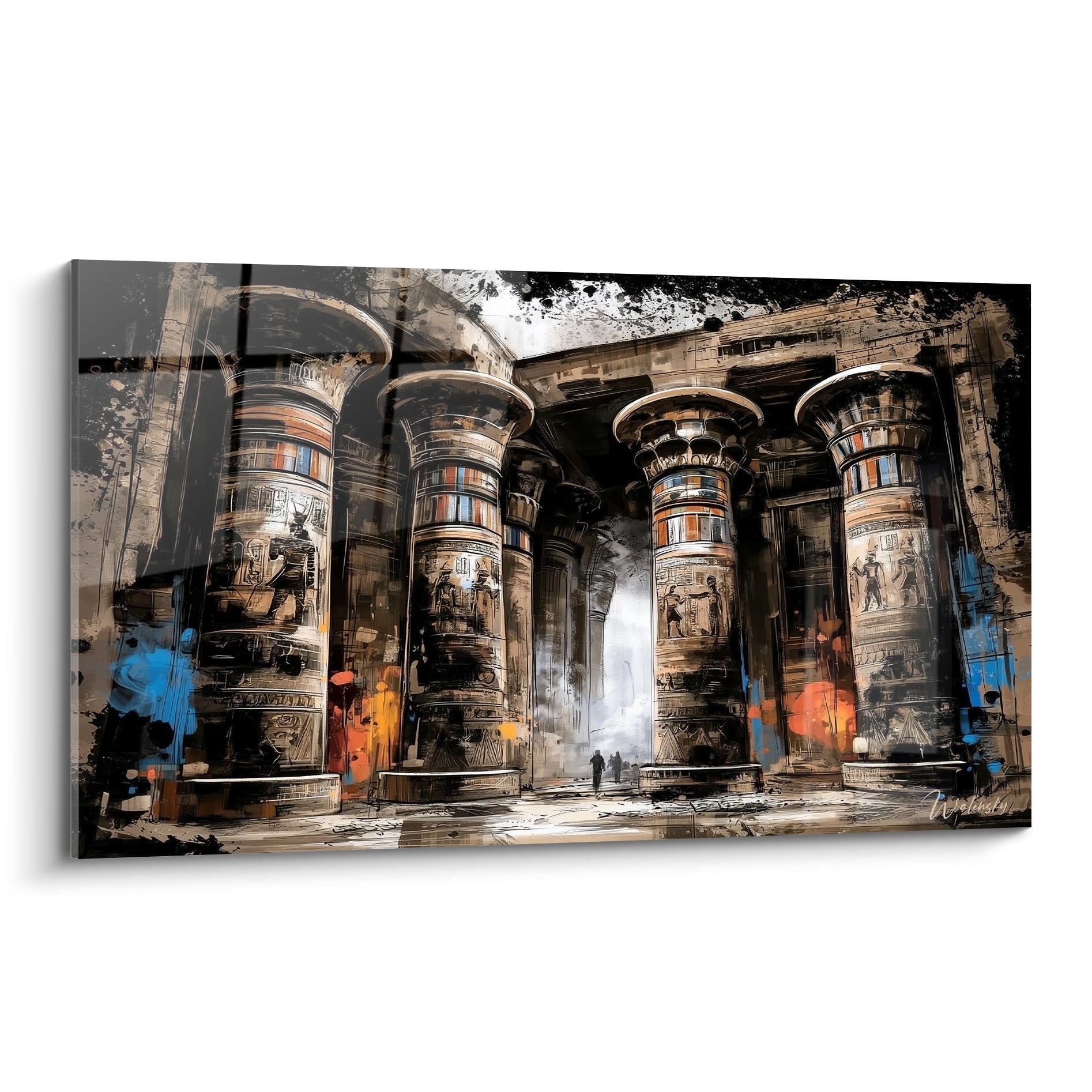Colonnes égyptiennes ocre et anthracite gravées de hiéroglyphes, éclaboussures bleu marine et orange