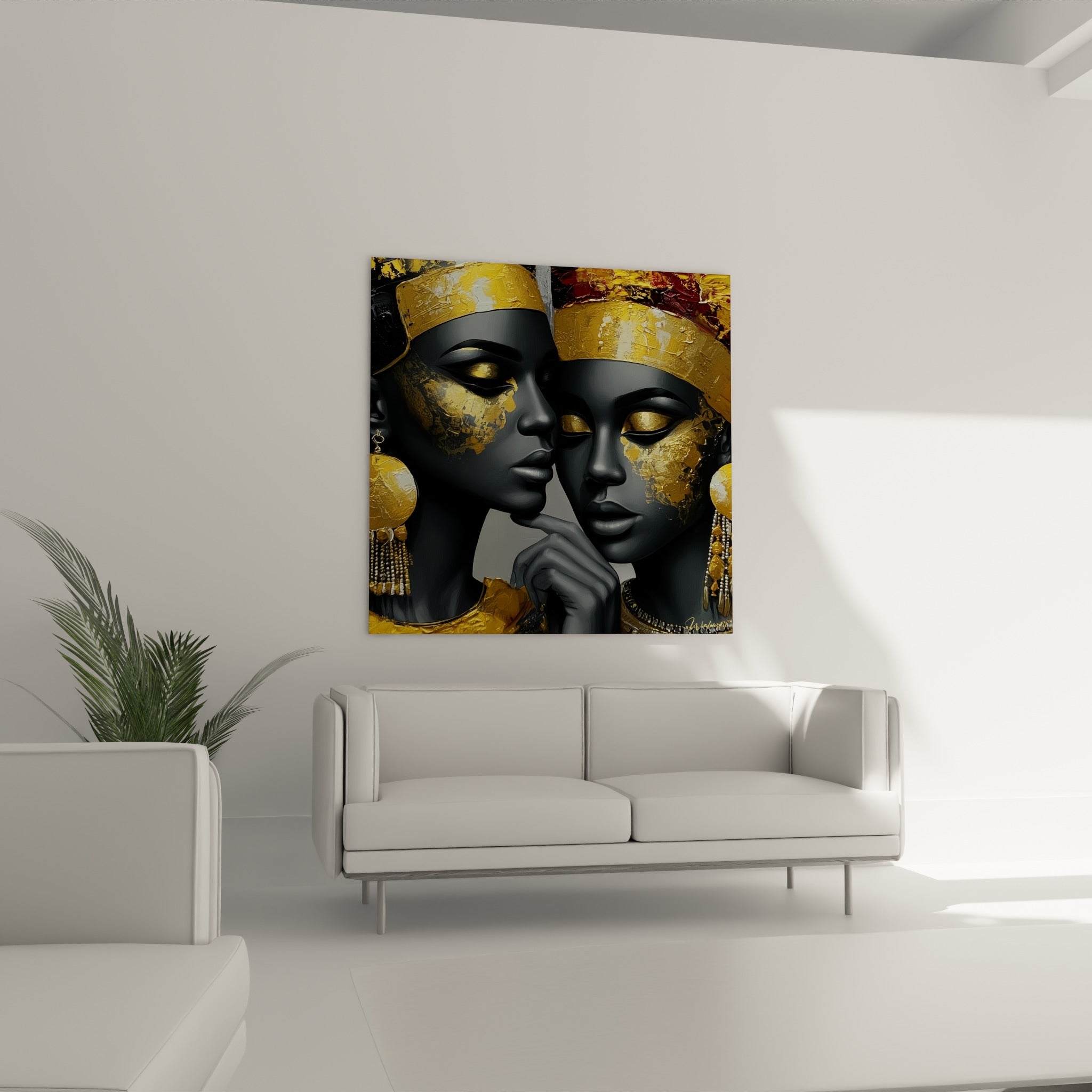 Portraits égyptiens dorés et anthracite au-dessus d'un canapé dans un salon lumineux