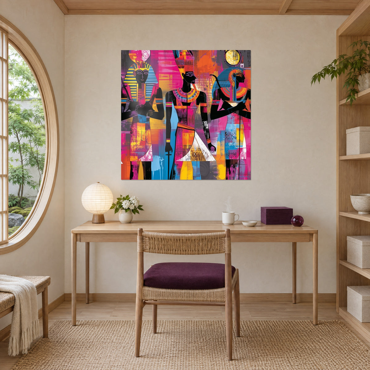 Cuadro fresco egipcio moderno, perfiles negros, naranja brillante y violeta, sol dorado, pared beige encima de un escritorio de madera