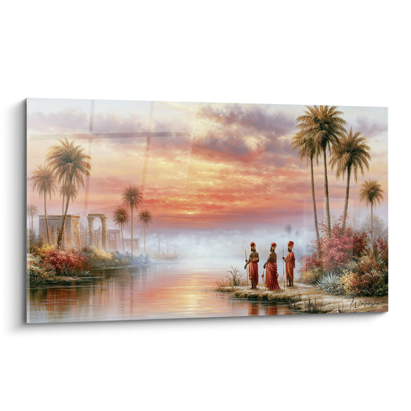 Tableau Nil au coucher orangé et palmiers - Veillée du fleuve - Edition egypte