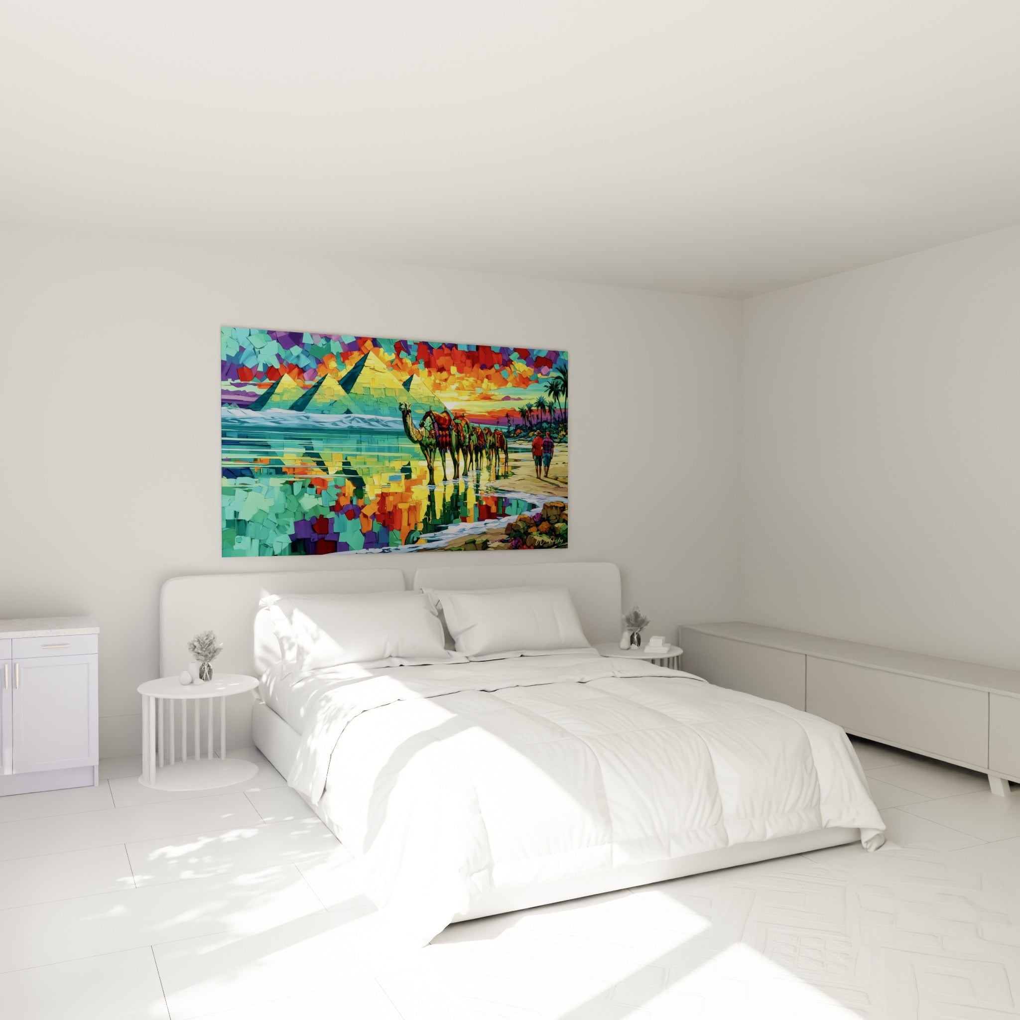 Pyramides dorées et ciel rouge flamboyant surplombant une caravane, au-dessus d'un lit dans une chambre claire