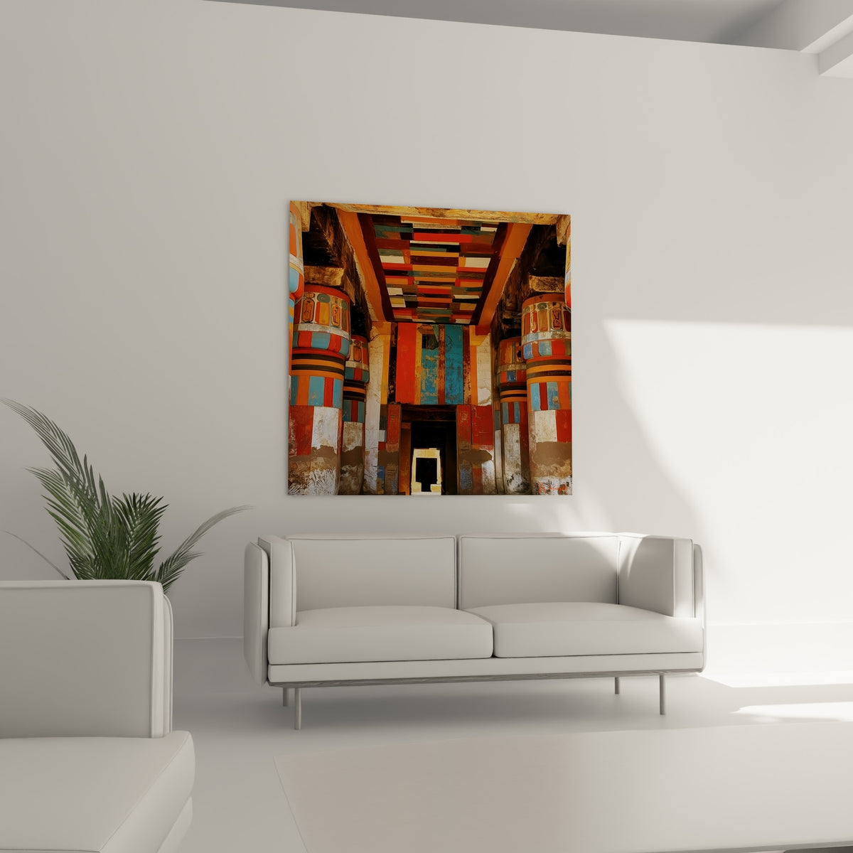Couloir de temple terracotta et turquoise mené vers une porte sombre, au-dessus d'un canapé dans un salon lumineux