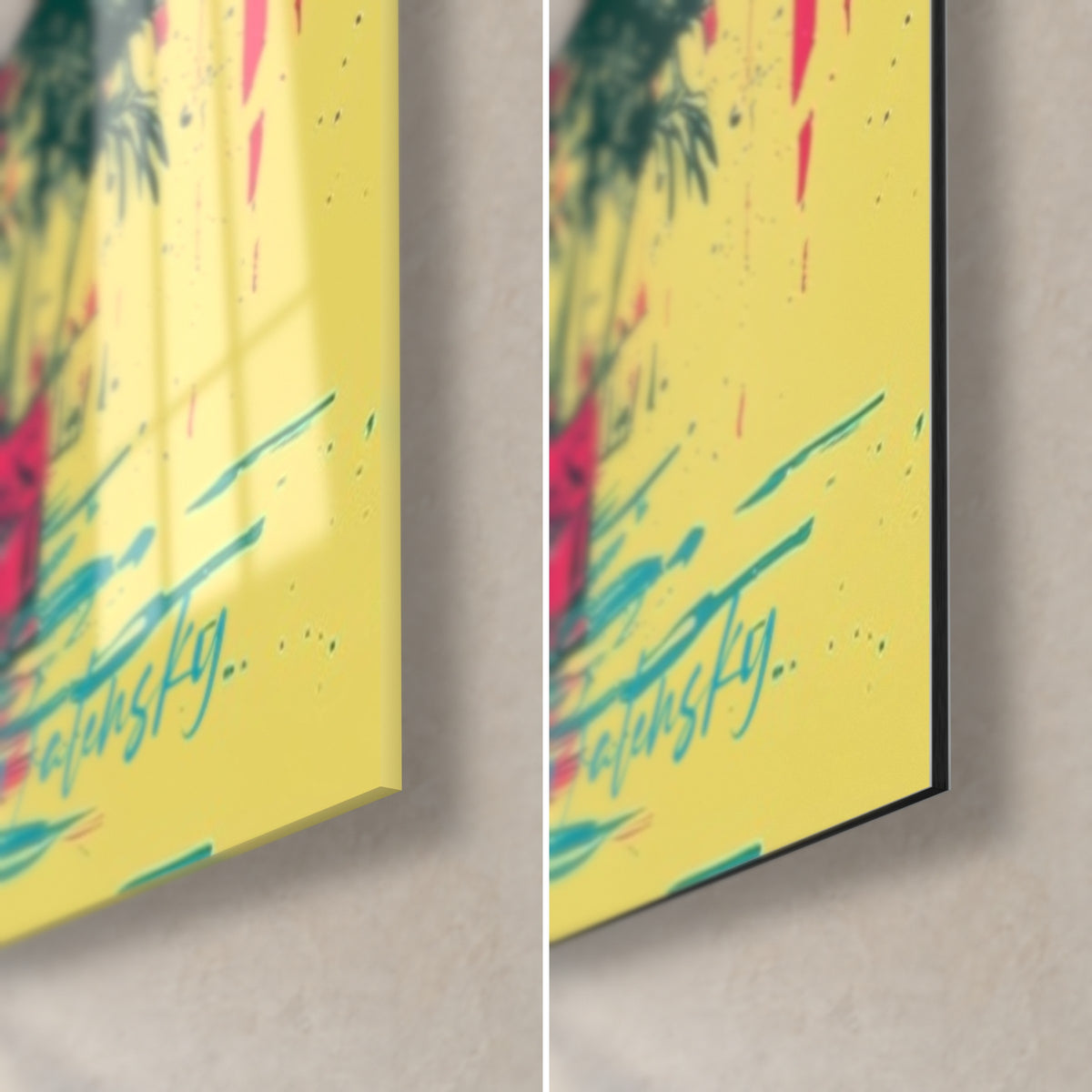 Schilderij vrouw met roze bril, rechtsonder: glanzend glas links, mat zwart Dibond rechts, turquoise handtekening op gele achtergrond