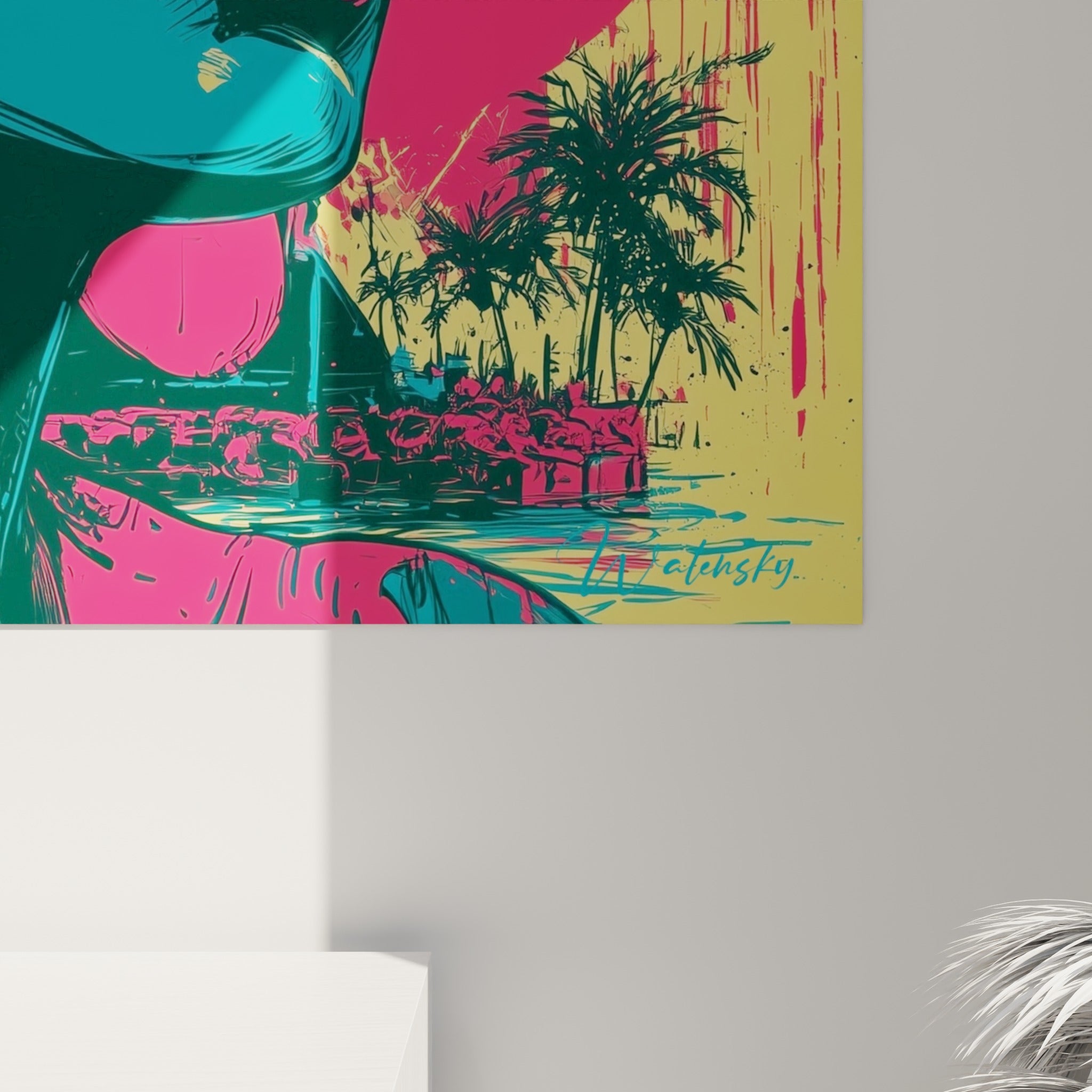 Coulures de peinture rose et jaune visibles de près sur ce tableau égyptien au grain texturé