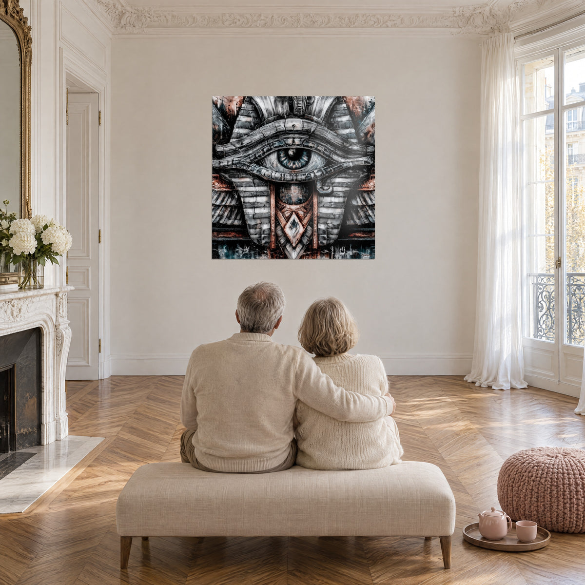 Cuadro centinela egipcia con alas estriadas grises y cobre, admirada por una pareja de espaldas desde un banco, en un salón de estilo haussmanniano