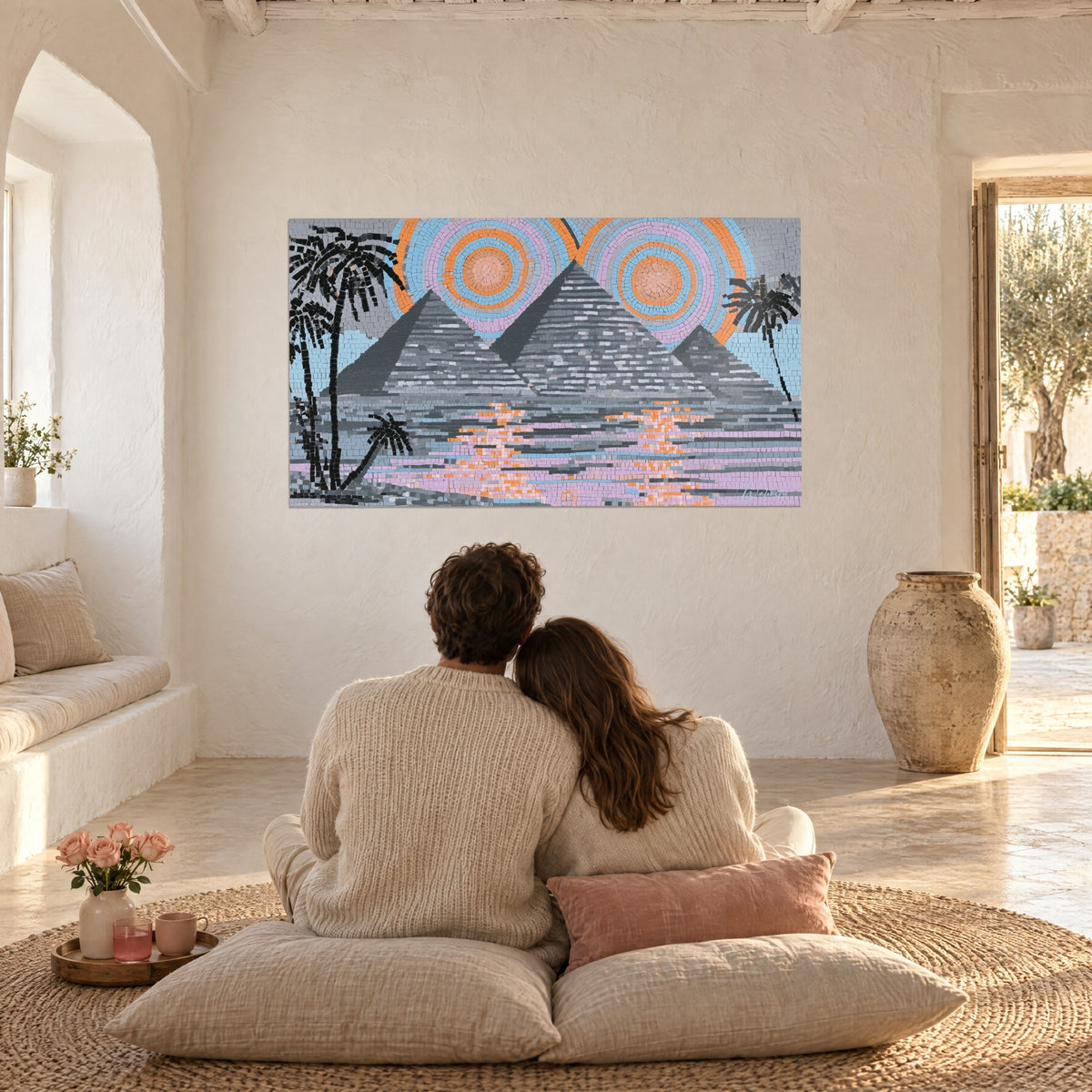 Schilderij piramides in grijs mozaïek, twee concentrische zonnen in oranje en blauw, lila weerspiegelingen, tegenover een paar op kussens