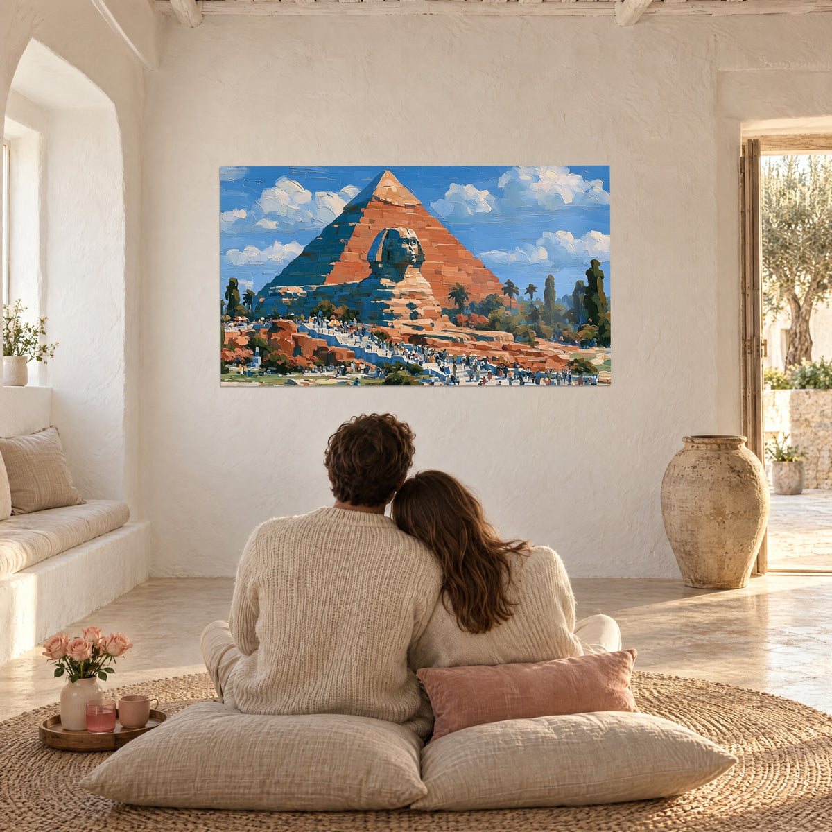 Tableau paysage égyptien peint au couteau, pyramide ocre et nuages blancs, face à un couple assis sur des coussins beiges