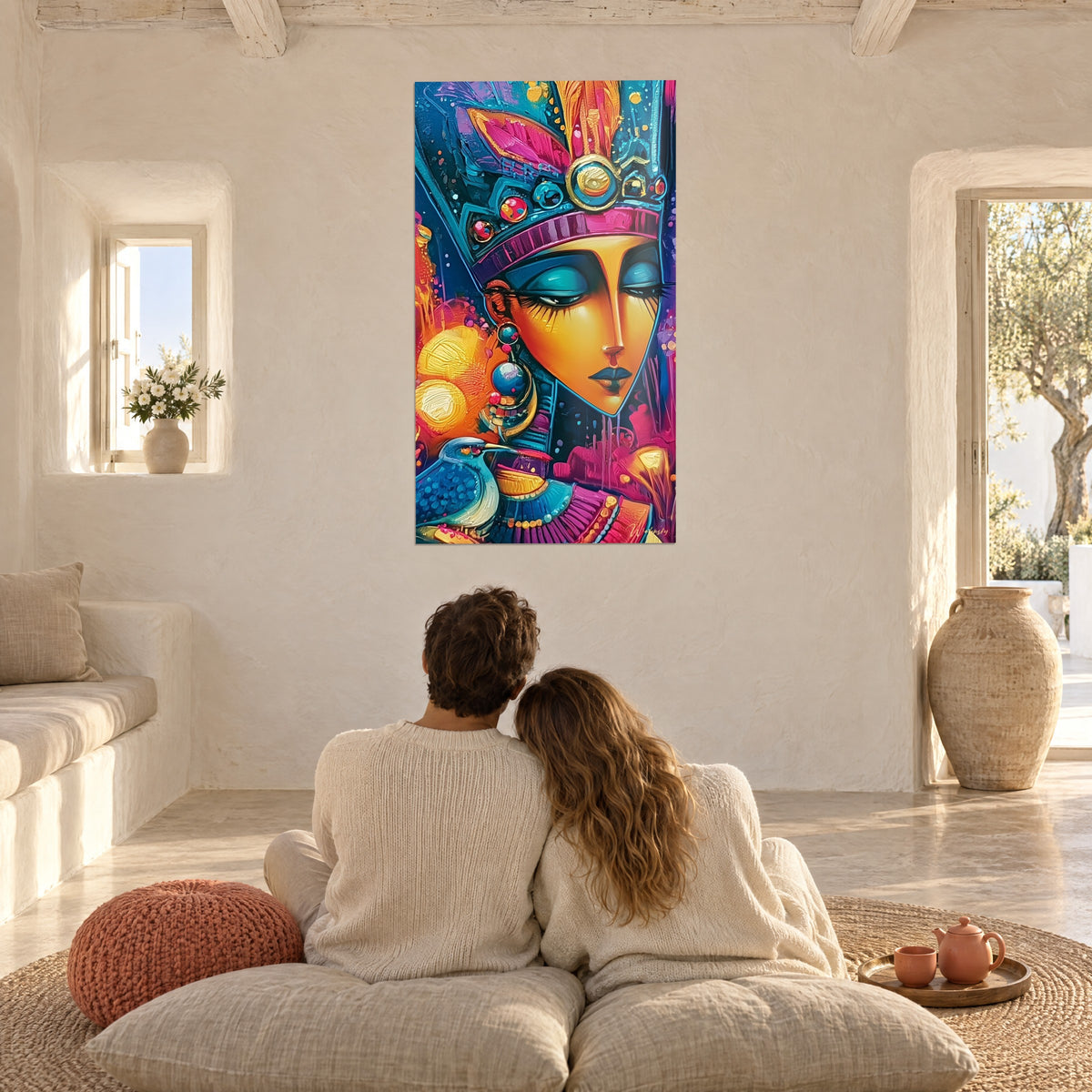 Schilderij van een pop-achtige, kleurrijke Egyptische koningin, fuchsia diadeem, turquoise vogel, gouden accenten, een koppel zittend met de rug naar de witte muur