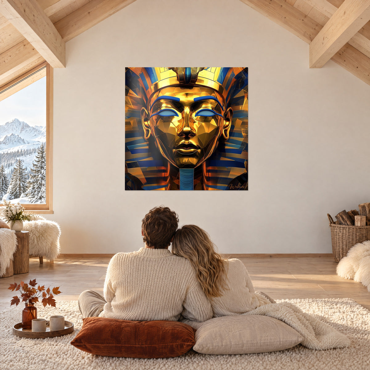 Tableau visage de roi égyptien en or étincelant, rayures bleu roi et cuivre, un couple enlacé de dos sur un tapis en chalet