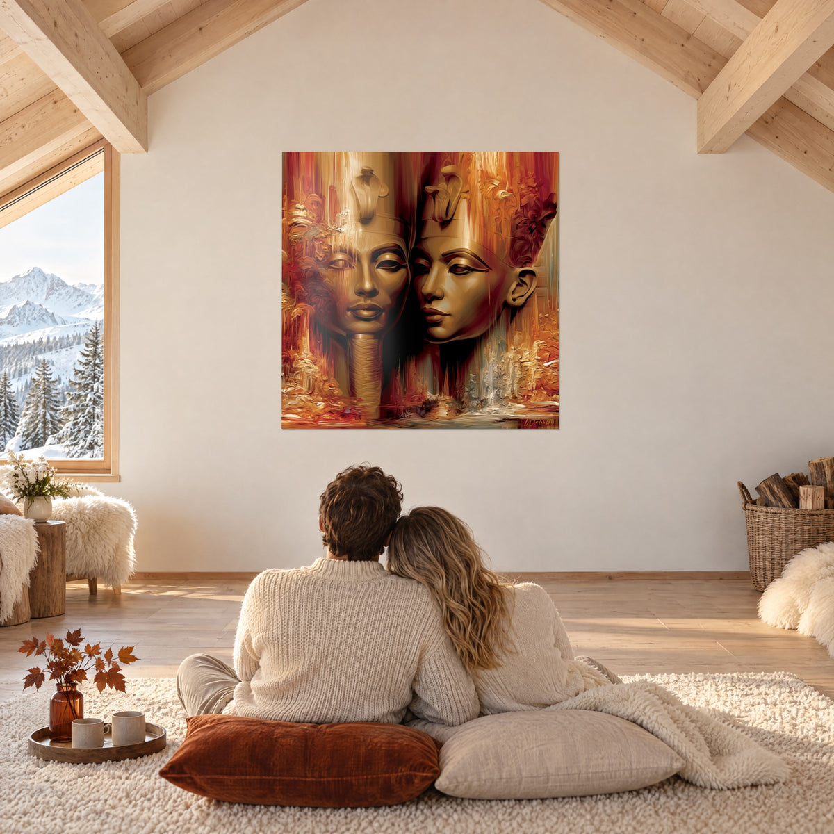 Quadro di volti reali dell'antico Egitto, dorati e bordeaux, osservato da una coppia rannicchiata sui cuscini davanti alla vetrata