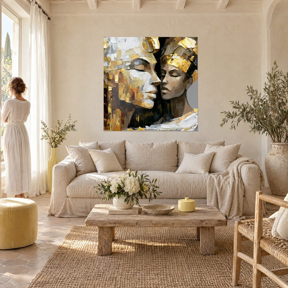 Schilderij gouden farao met witte masker tegenover zijn koningin met gouden diadeem, zwart en grijs, vrouw van achteren, boven een bank in een lichte woonkamer