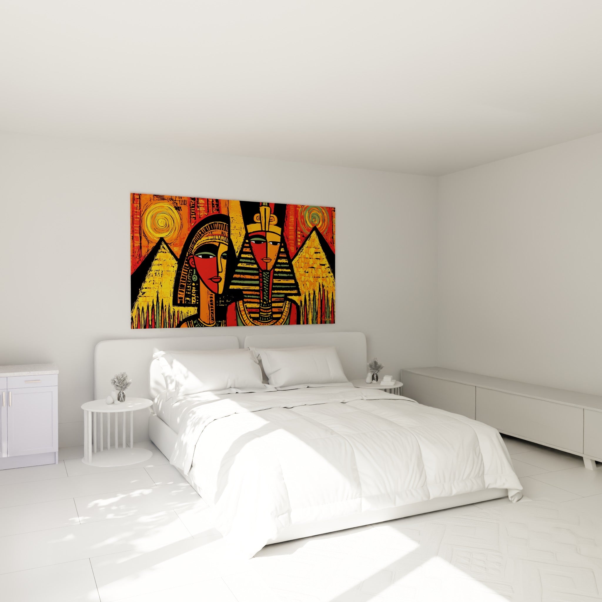 Couple royal égyptien aux teintes ocre et rouge accroché au-dessus d'un lit dans une chambre claire