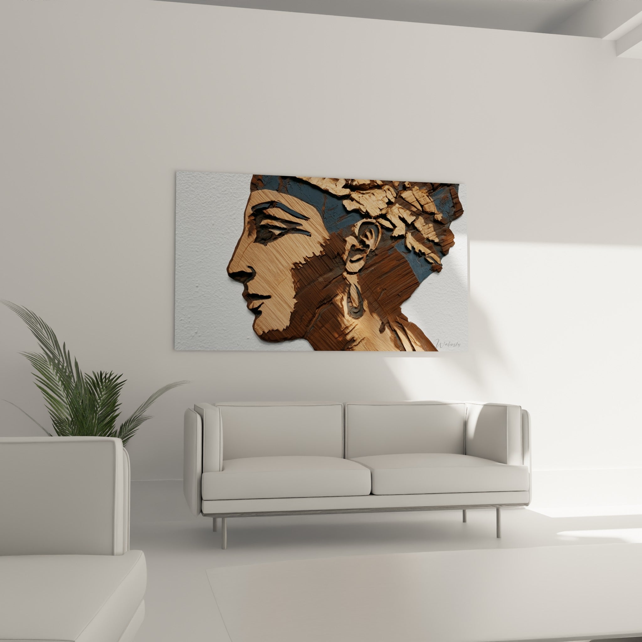Souverain égyptien terracotta et anthracite en profil, suspendu au-dessus d'un canapé dans un salon lumineux