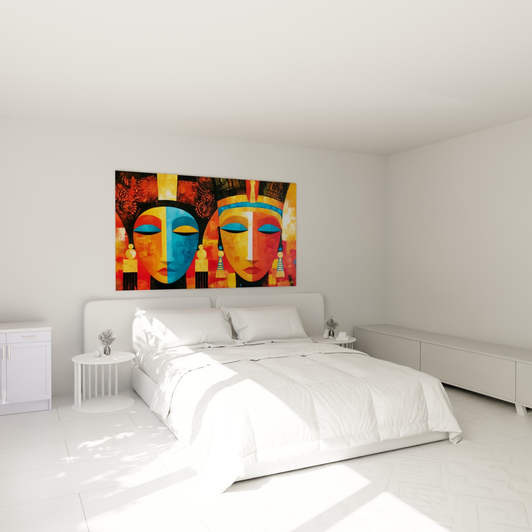 Pharaons stylisés en ocre et bleu profond, couronnes dorées, au-dessus d'un lit dans une chambre claire