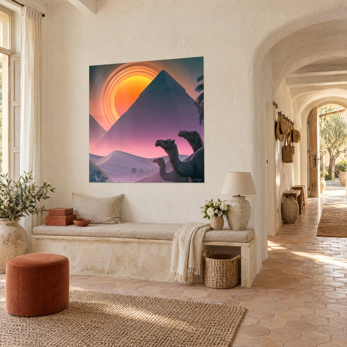 Gemälde einer ägyptischen Wüste in der Dämmerung, große malvenfarbene Pyramide und orangefarbene Sonnenscheibe, rosa Dünen, Dreiviertelansicht in einem provenzalischen Landhaus