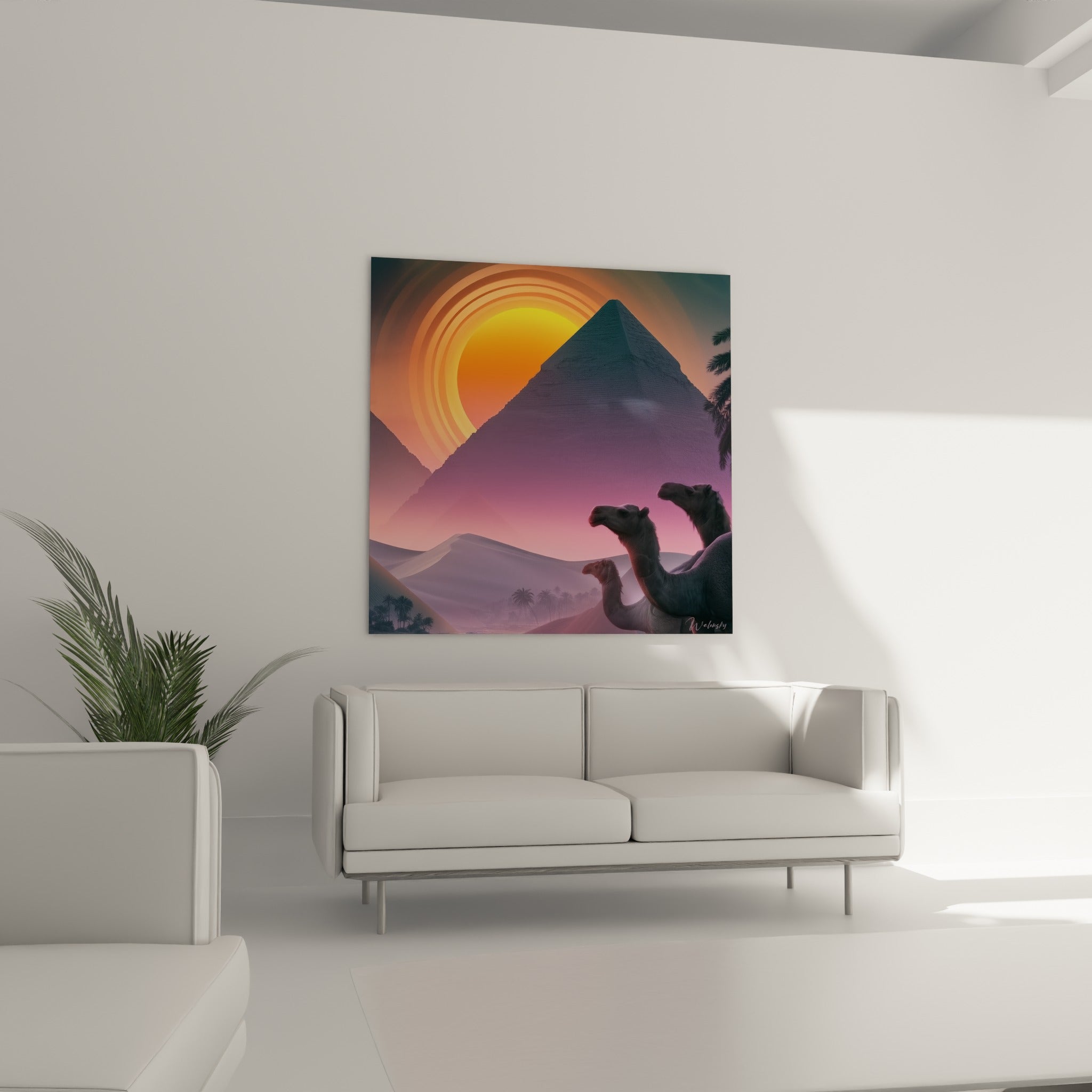 Dunes mauves et soleil ardent structurent ce tableau égypte au-dessus d'un canapé dans un salon lumineux