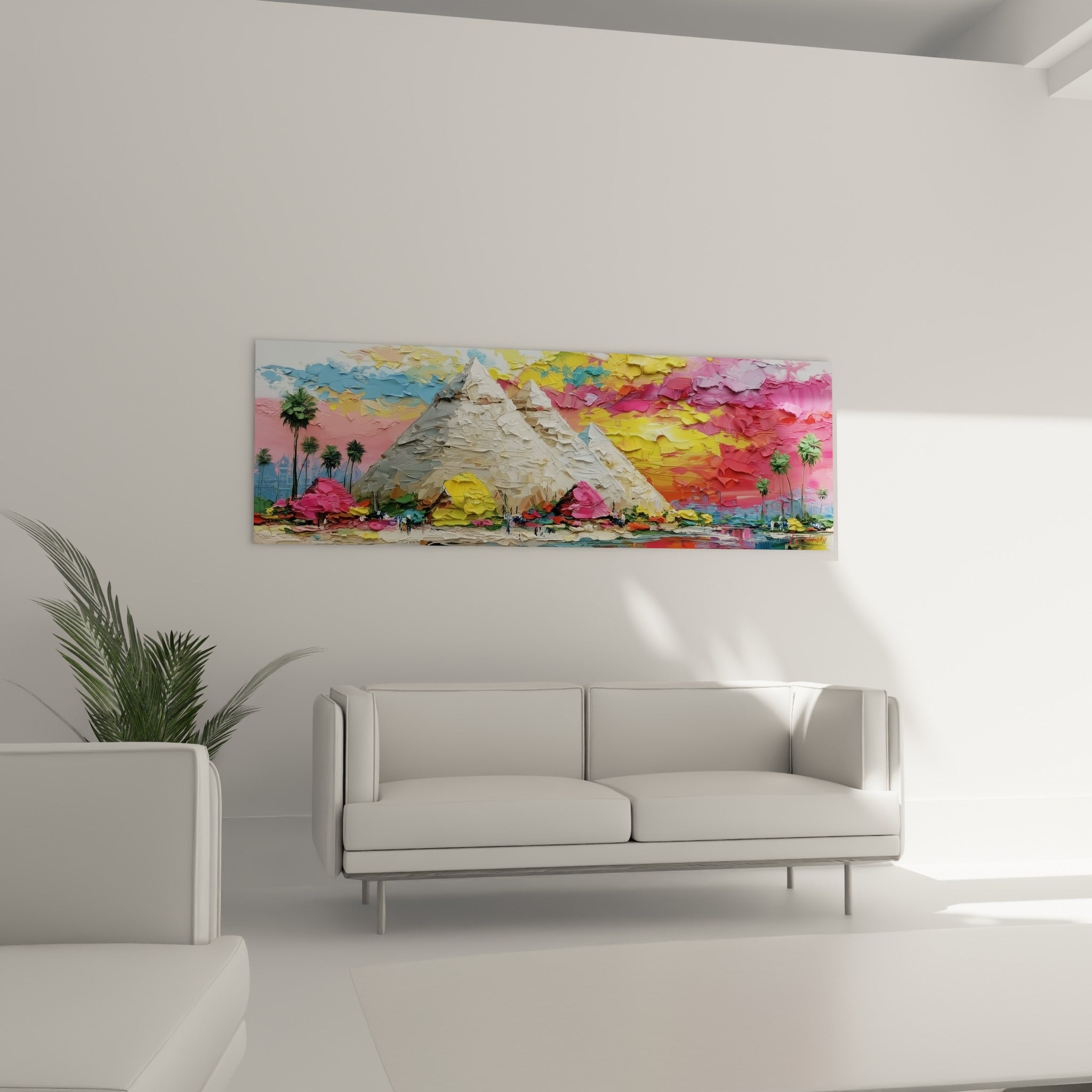 Silhouettes de pyramides beige contre un ciel flamboyant rose et jaune, au-dessus d'un canapé dans un salon lumineux