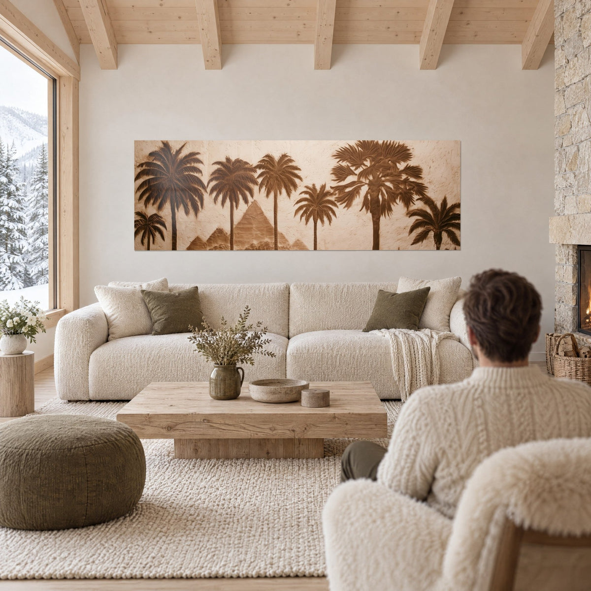 Wall art sand pyramids framed by raised brown palm trees in ochre and beige, above a sofa in a bright living room