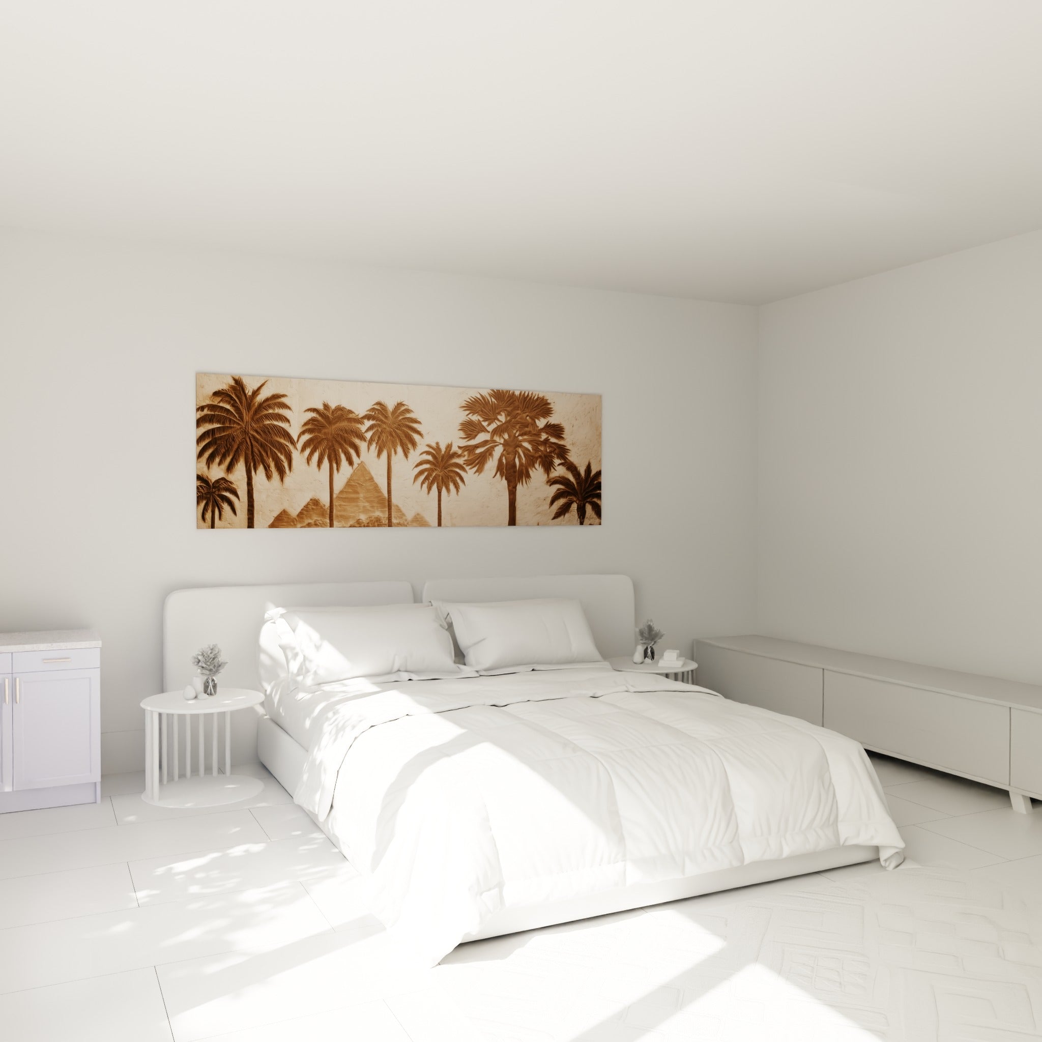 Palmiers sépia et pyramides ocre accrochés au-dessus d'un lit dans une chambre claire