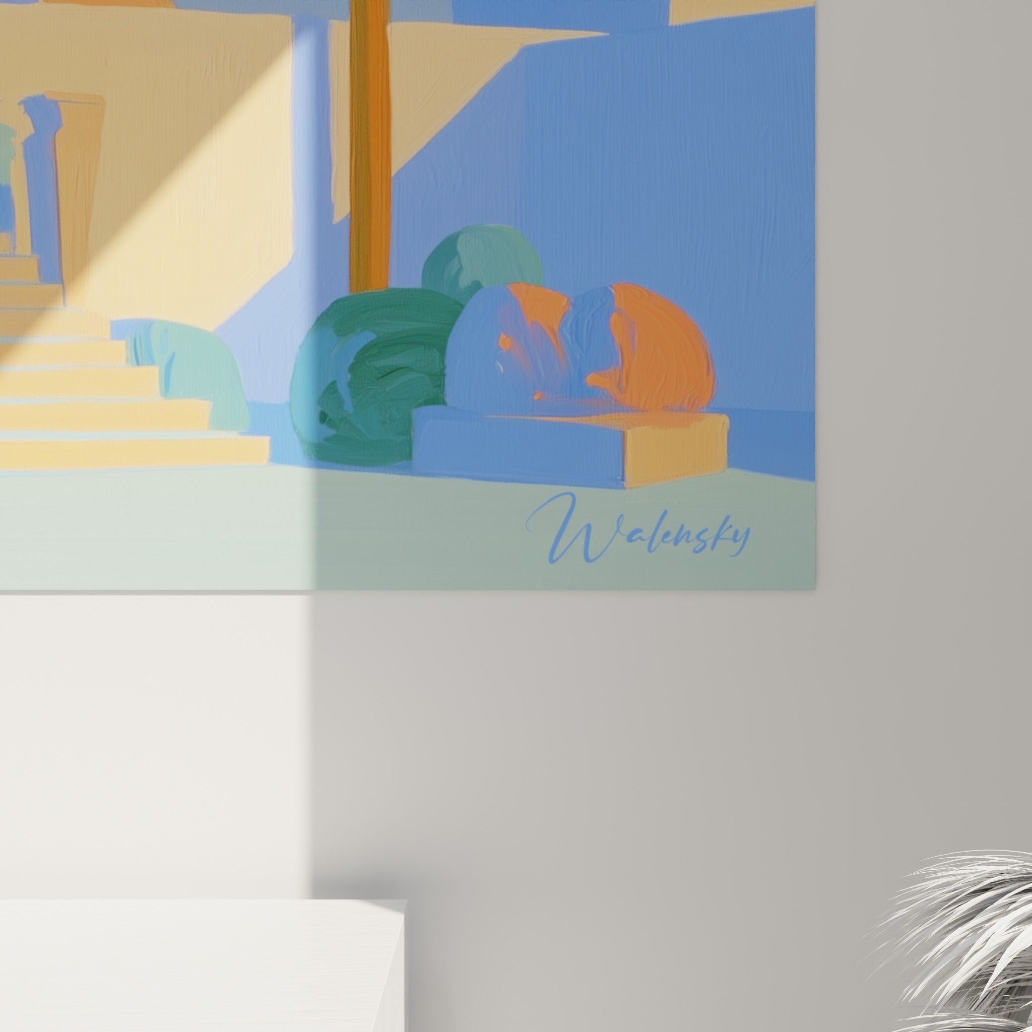 Détail des aplats orange et bleu de la pyramide, grain mat et traits nets du style graphique égyptien