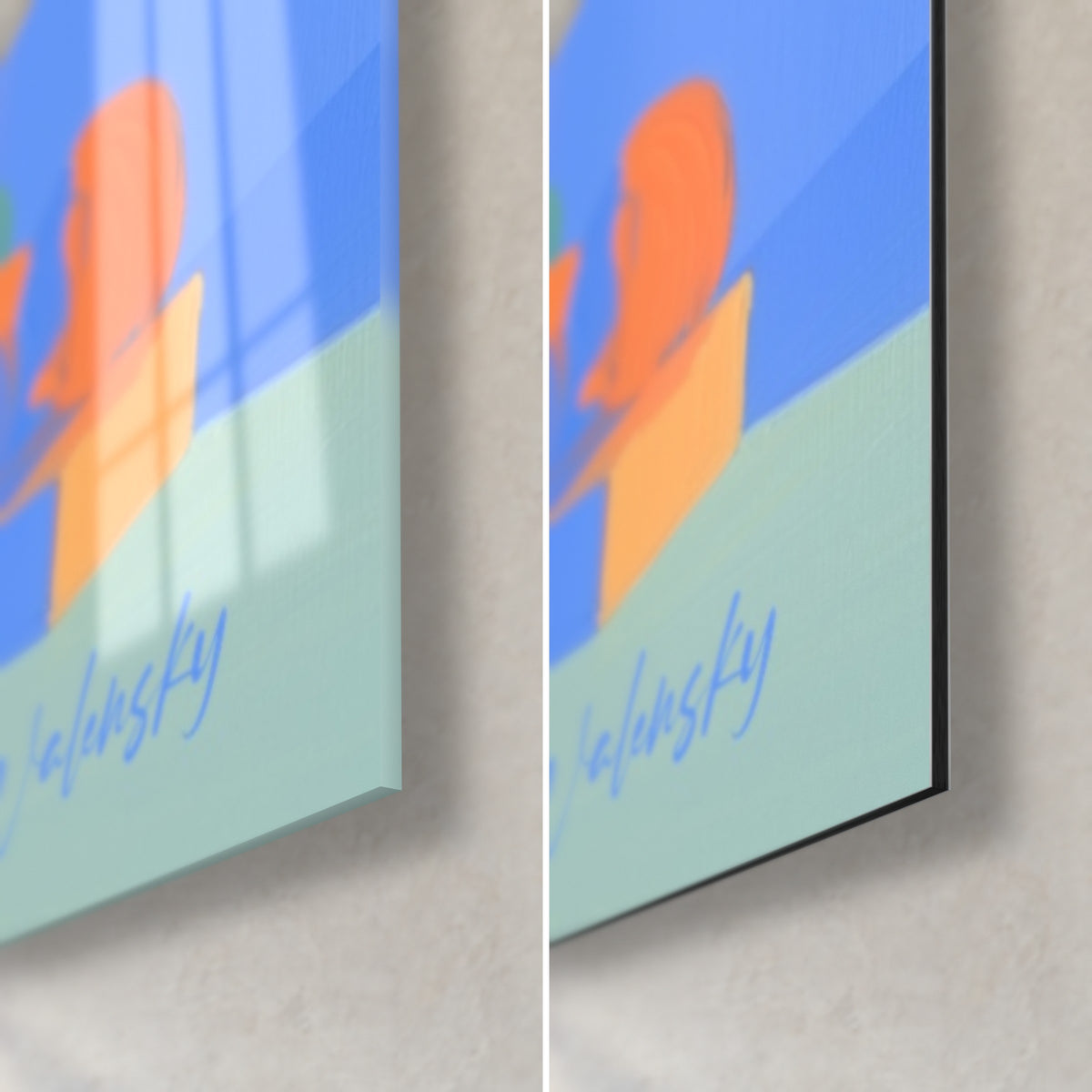 Wall art Egyptian monument in orange and blue, bottom right corner in glossy glass reflecting the window and matte Alu Dibond, 3 mm thick