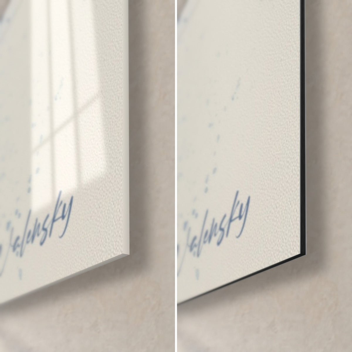 Quadro faraoni acquerellati, firma Walensky blu, angolo in basso a destra in vetro lucido e Dibond bianco opaco, bordo nero di 3 mm