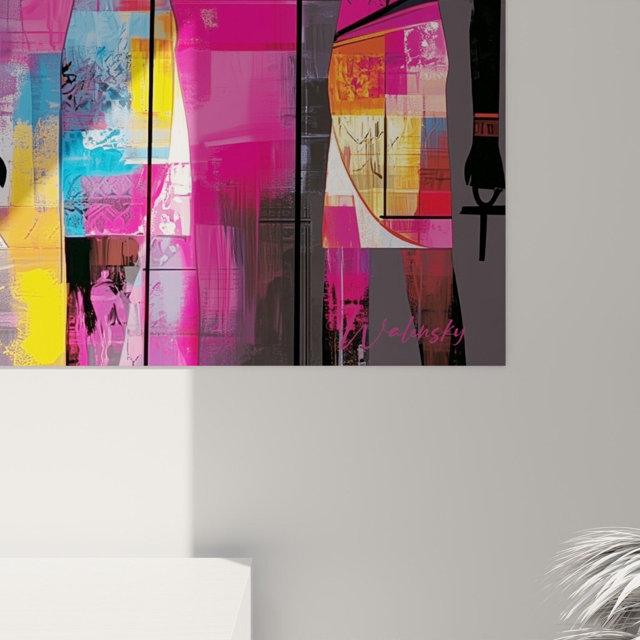 Détail des empâtements colorés jaune safran et rose vif sur les coiffes pharaoniques du tableau