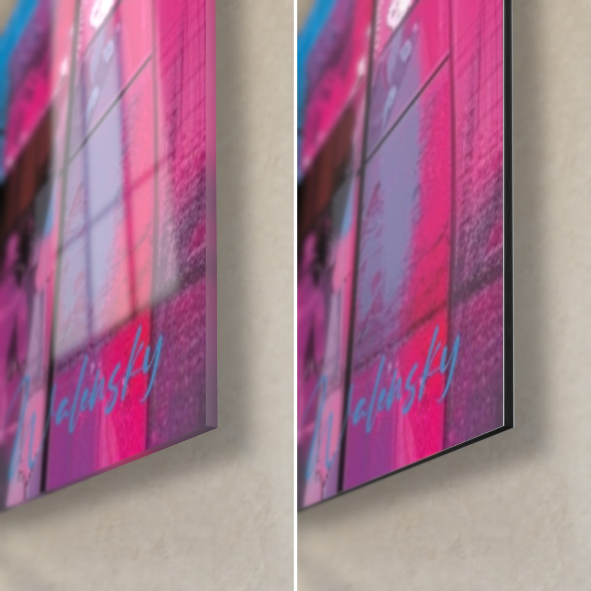 Wall art pharaohs on pink and blue backgrounds, bottom right corner: glossy acrylic glass with reflections, matte Dibond aluminium, 3 mm thickness