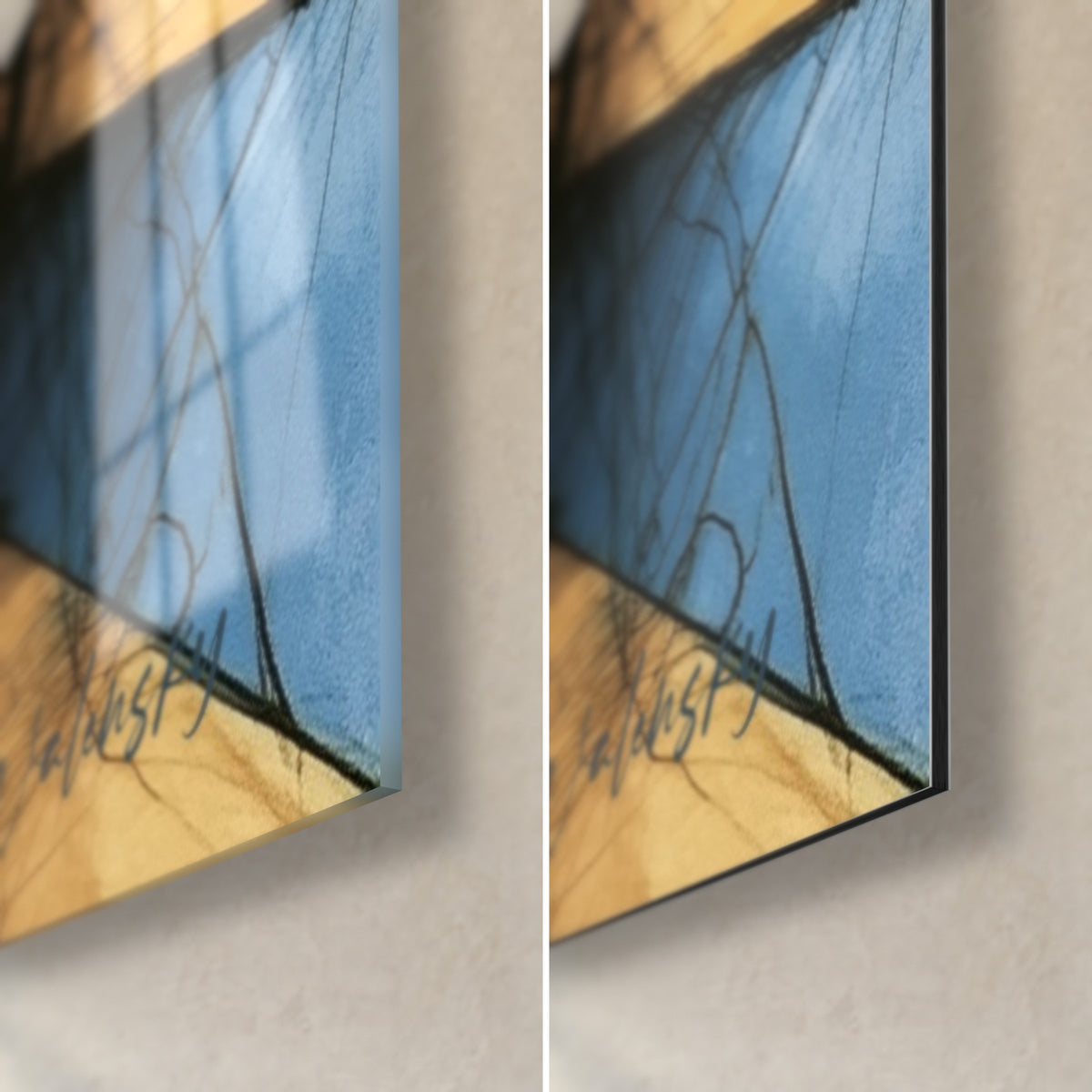 Wall art pharaoh with closed eyes, bottom right corner: cobalt blue and ochre stripes, 3 mm edge, glossy glass and matte Dibond