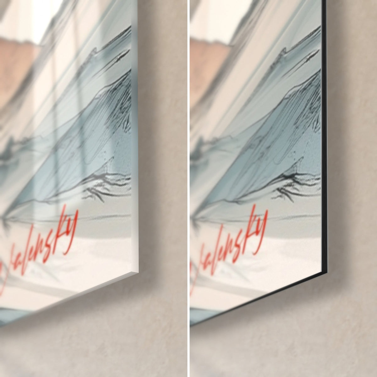 Wall art of pyramids under a coral sun, red Walensky signature in the bottom right corner, glossy glass on the left, matte black Dibond on the right