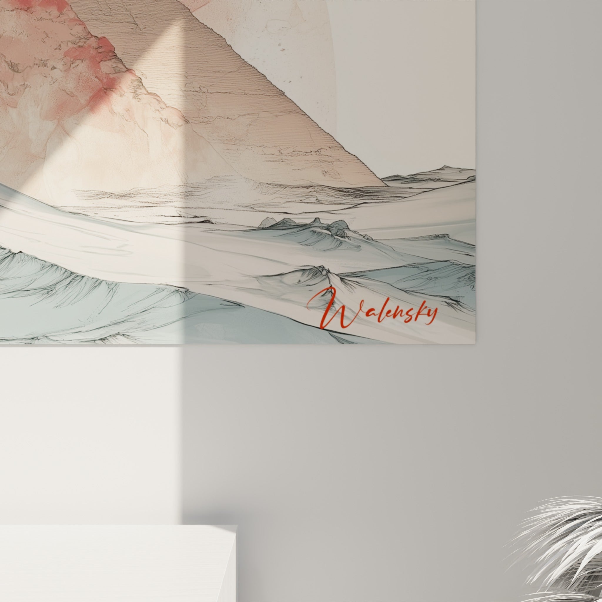 Détail du tableau égypte montrant les coulures corail et le grain fin des pyramides sable