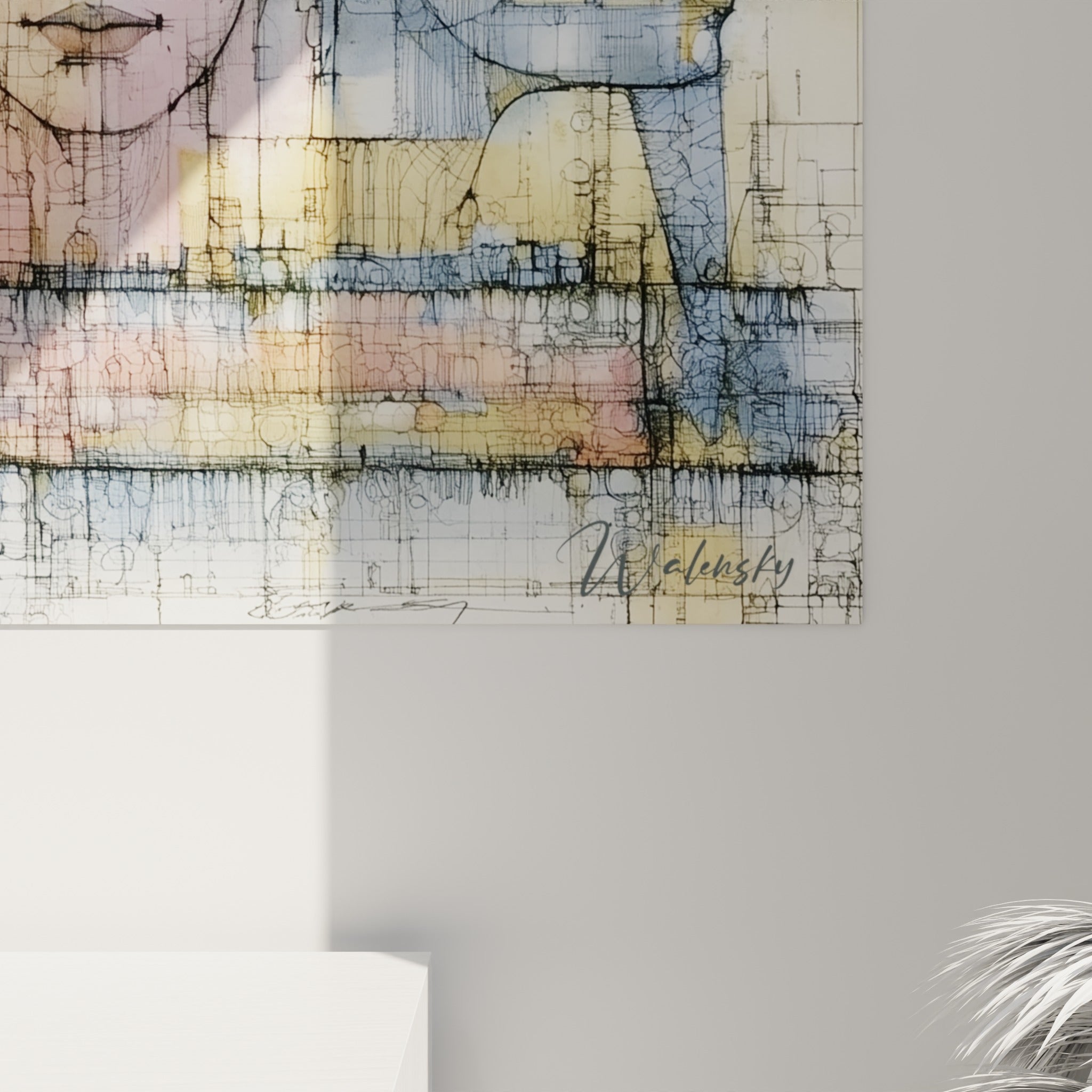 Détail des traits à l'encre et coulures d'aquarelle bleu pastel et rose sur ce tableau égyptien